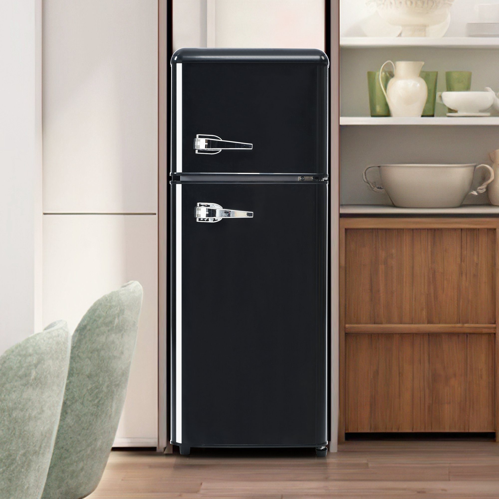 REDOM Kühlschrank Retro Kühl-/Gefrierkombination BCD-102, 105.5 cm hoch, 41 cm breit, Türregale und Glasregale. 181 kWh/Jahr, -27°C ~13°C, LED-Licht.