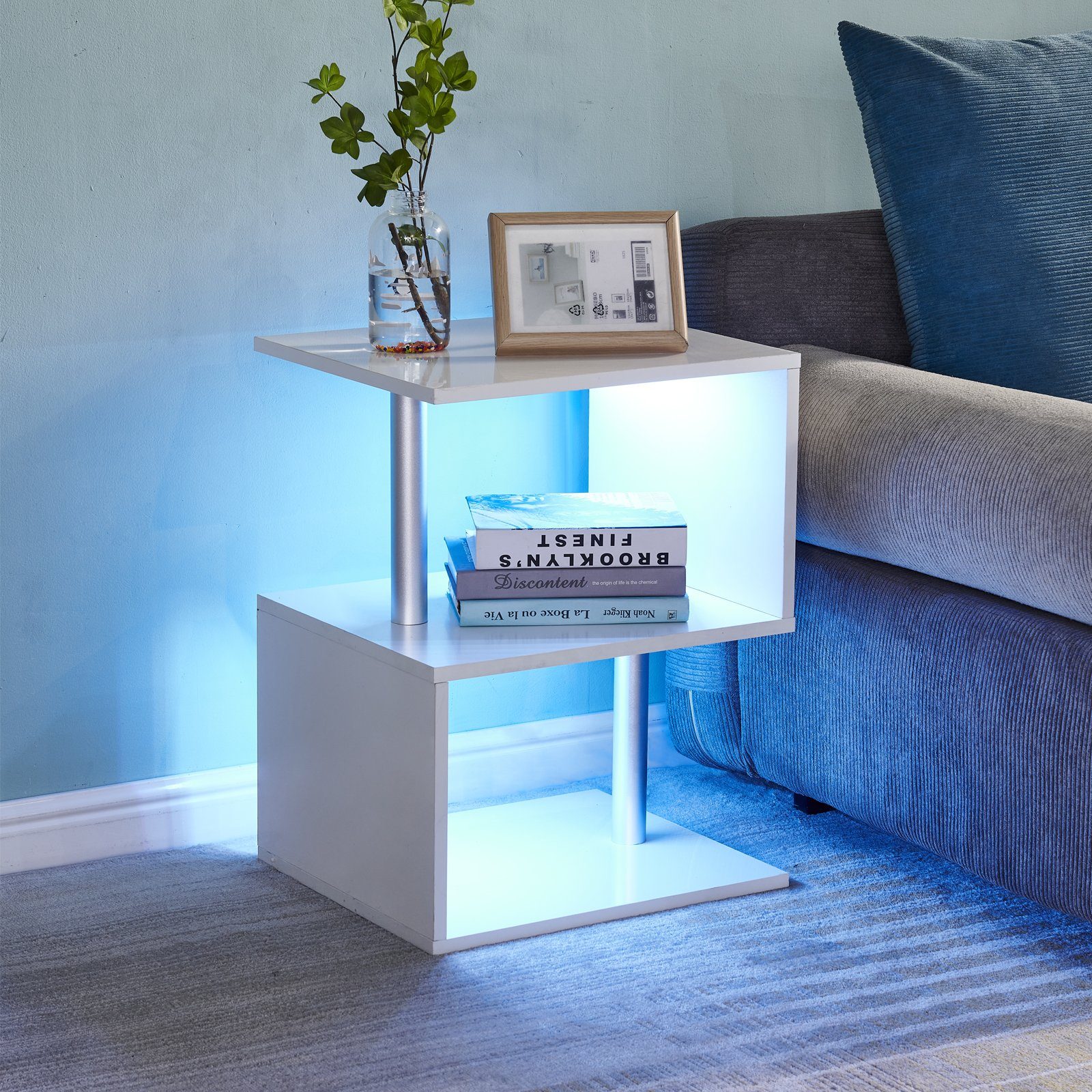 CLIPOP Nachtkommode S-Form Nachttisch, 44x38x58cm Beistelltisch mit LED