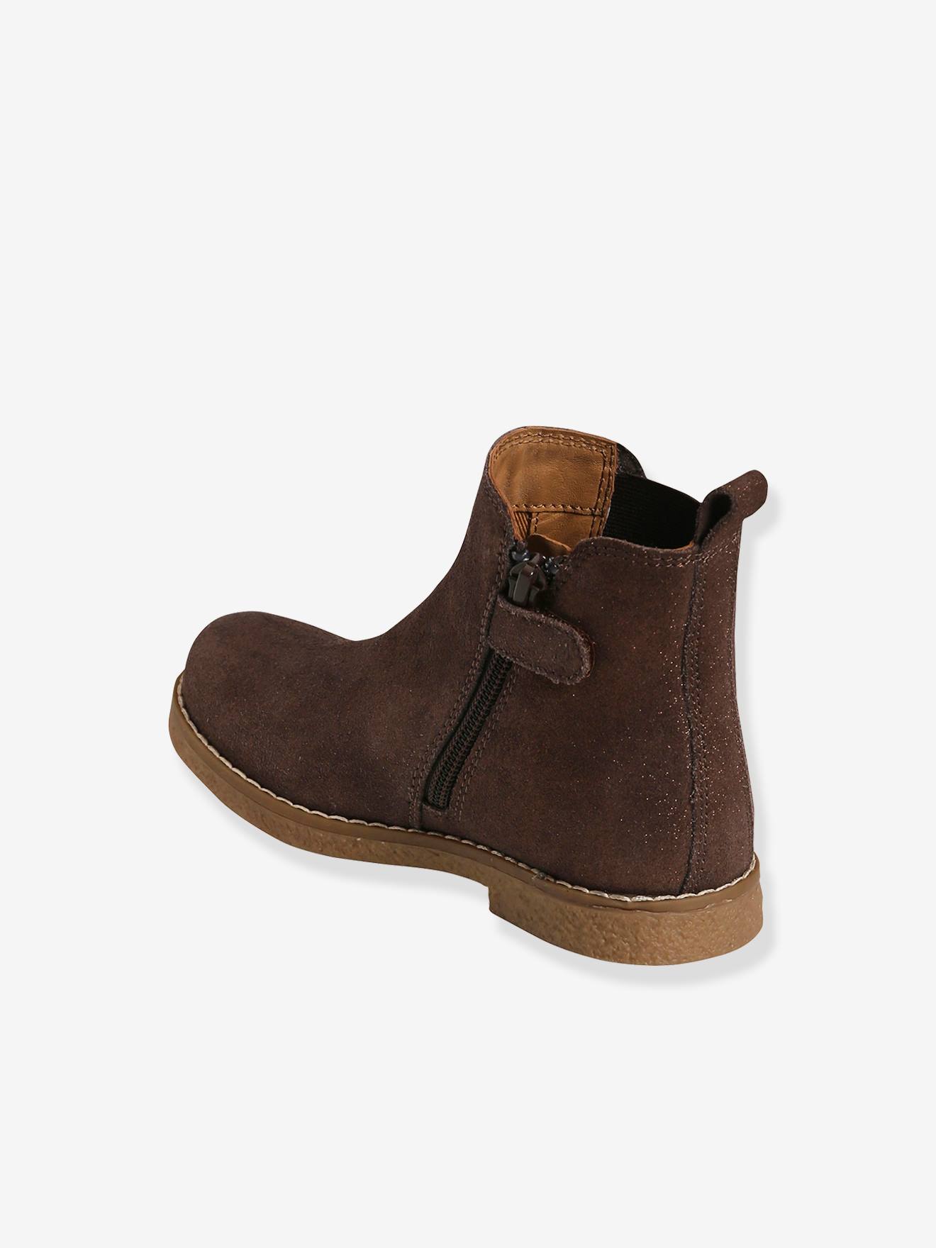 Boots cuir fille zippées et élastiquées marron irisé