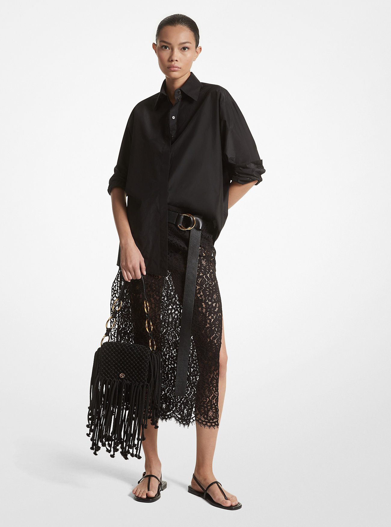 Corded Floral Lace Slit Skirt - BLACK