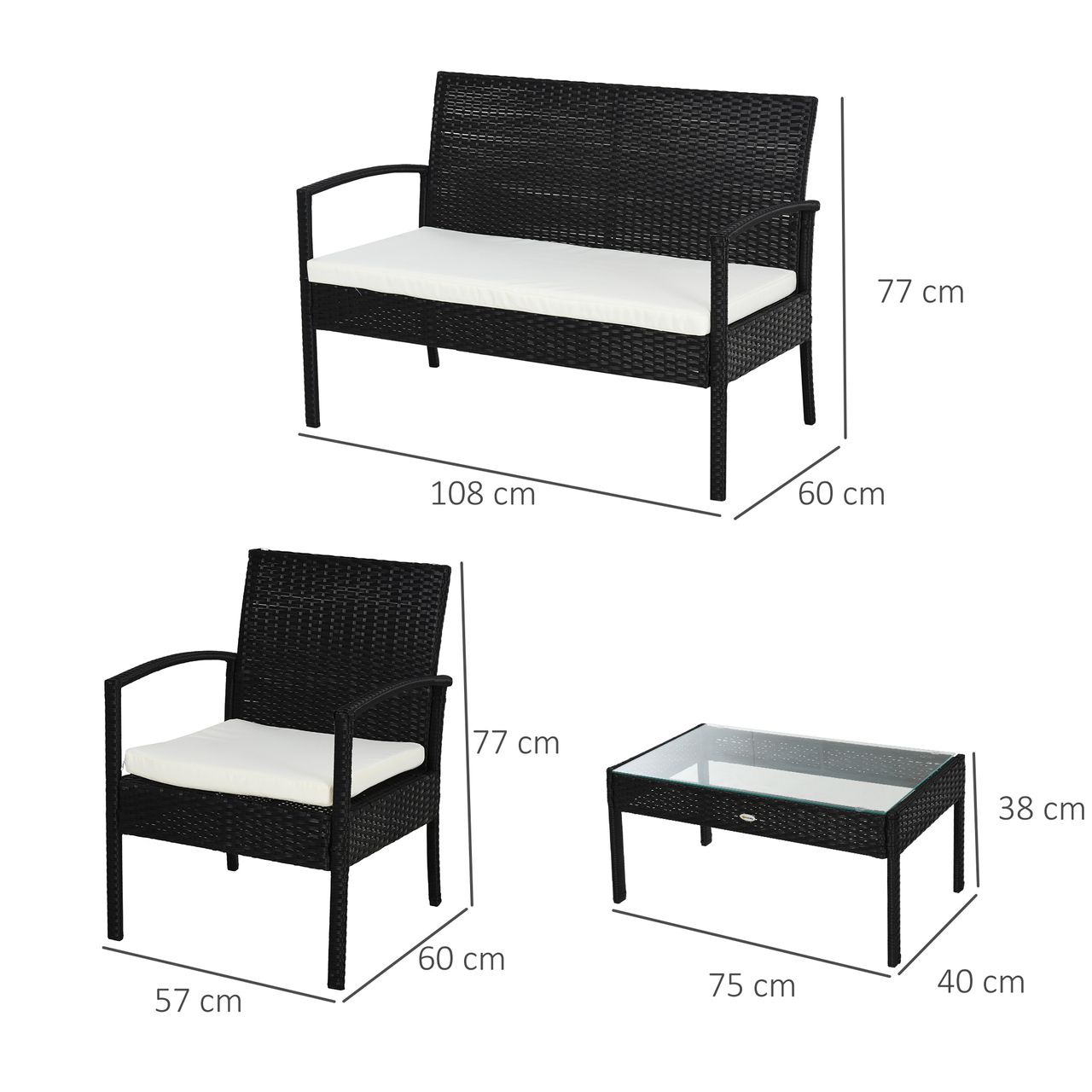 Outsunny Polyrattan Sitzgruppe Garnitur Lounge Sofa Gartenset 7 tlg. mit Kissen, Schwarz