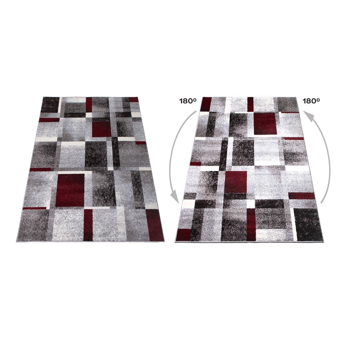 Teppich PHOENIX, oKu-Tex, Kurzflorteppich, Wohnzimmer, rechteckig, geometrisches Muster, Rechtecke, Grau Rot meliert, besonders weicher Kurzflor, Gesamthöhe: 1 cm, pflegeleicht