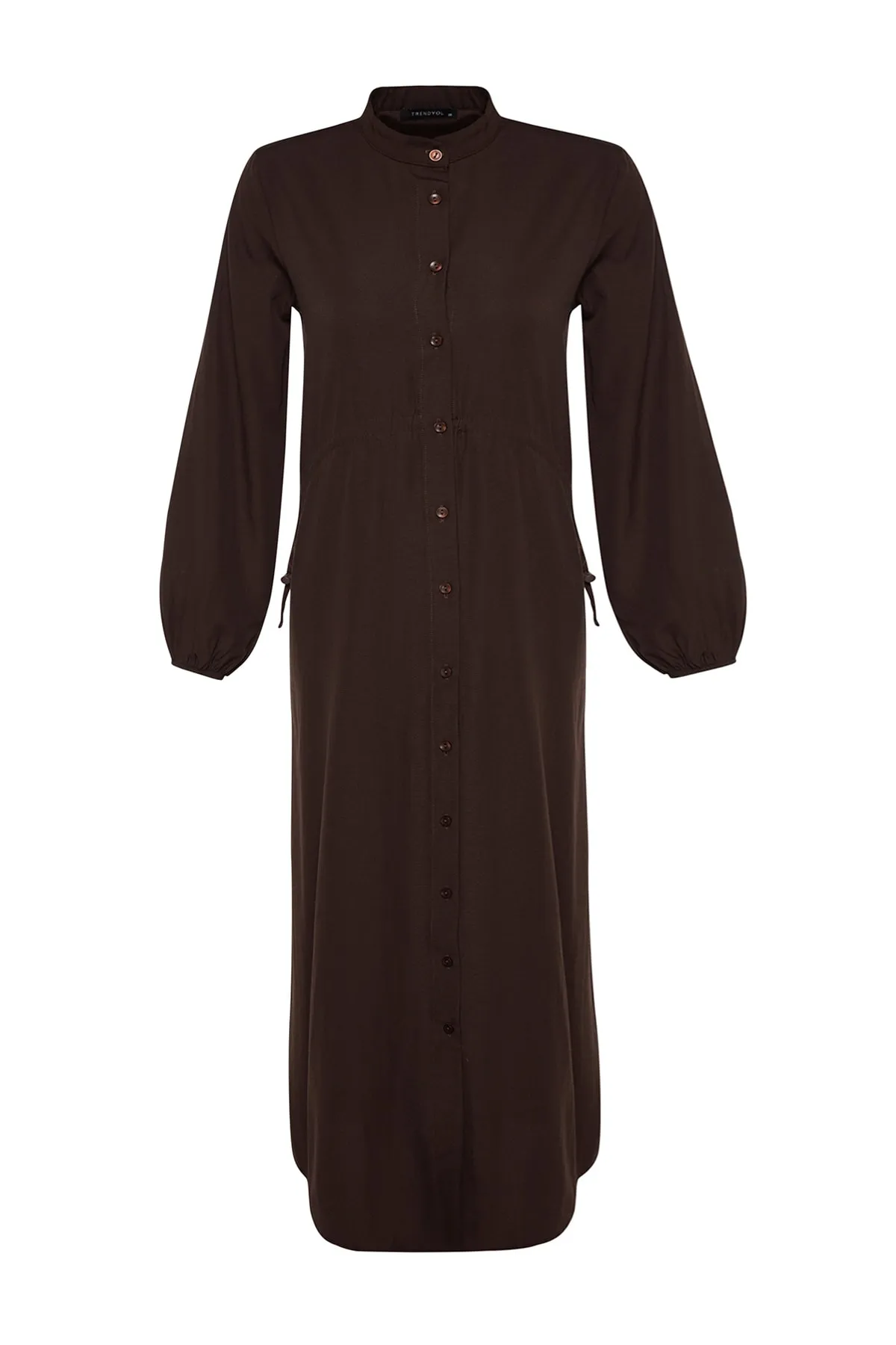 Trendyol Modest  Braunes gewebtes Baumwollkleid mit verstellbaren Taillenstoppern TCTAW24EB00068