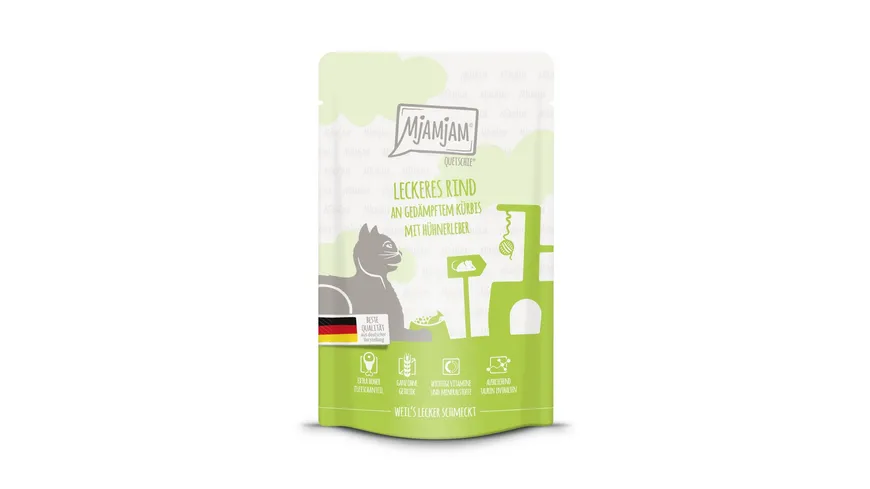 MjAMjAM Katzennassfutter Quetschie leckeres Rind an gedämpftem Kürbis mit Hühnerleber 125 g