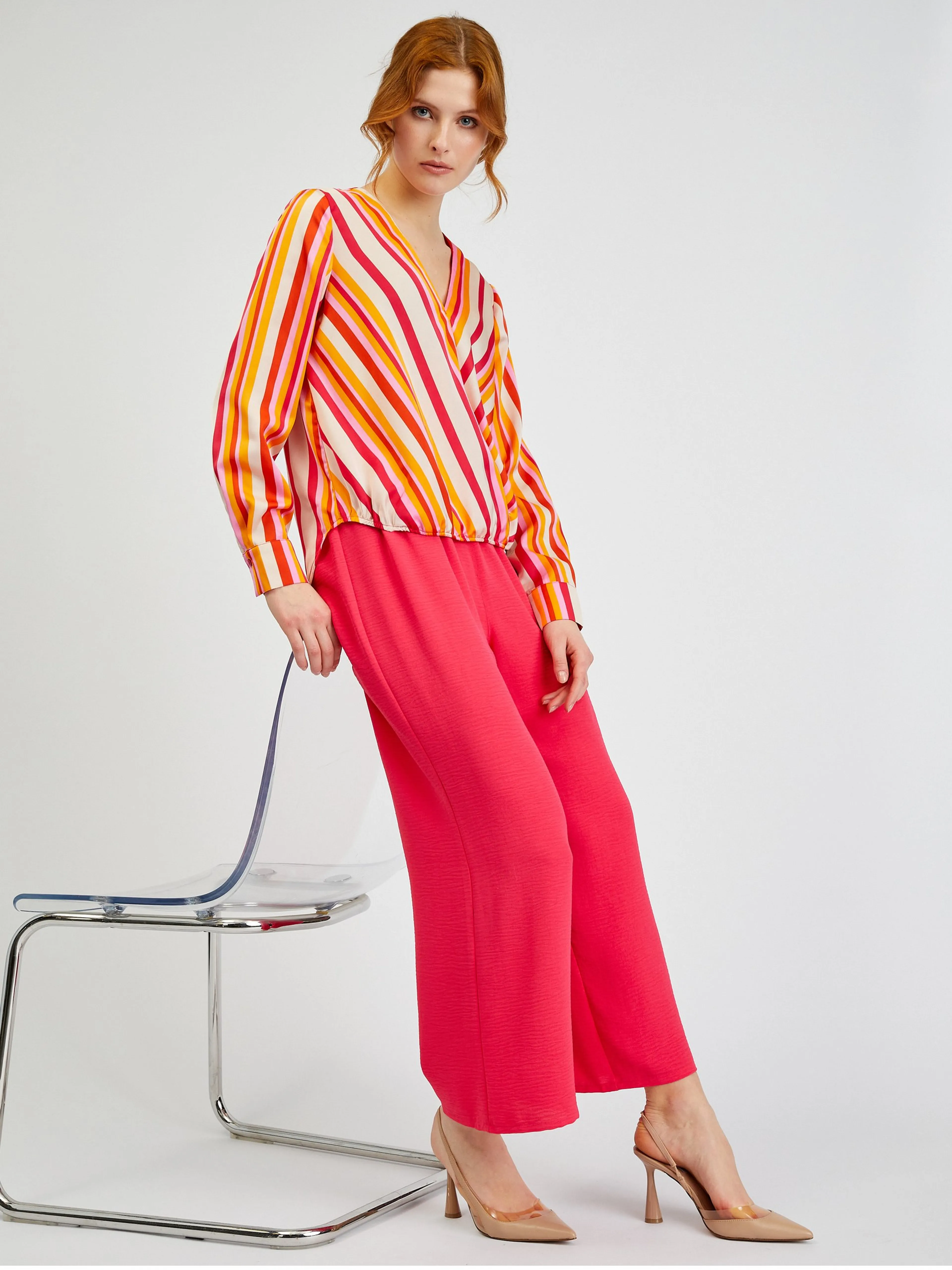 Rosa und orange gestreifte Damen-Satinbluse ORSAY