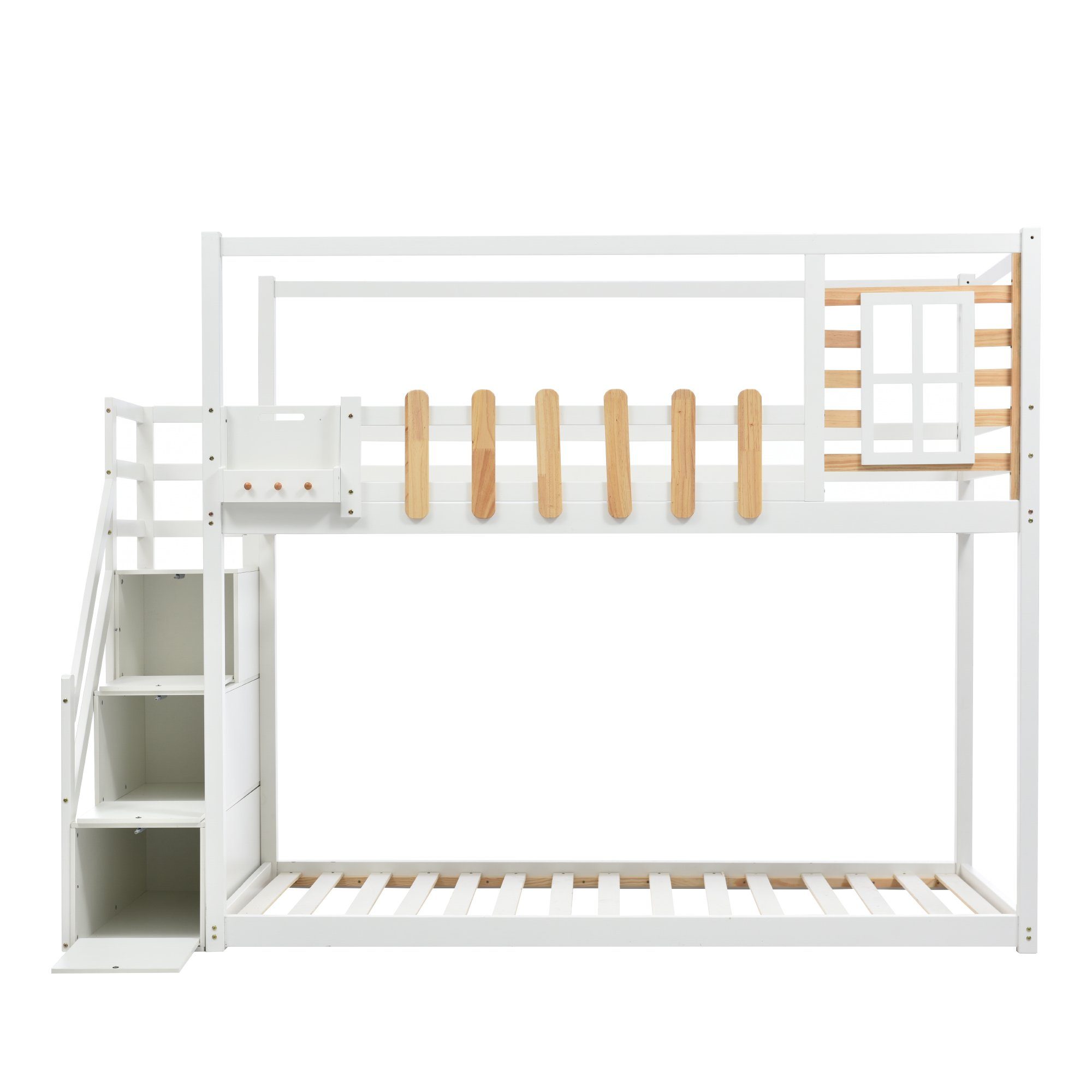 OKWISH Etagenbett Etagenbett mit Treppe, Kinderbett, Gästebett, Bett (mit Treppe, Fenster und Regalkasten, 3 Schließfächer in der Treppe, mit Fallschutzgitter), Rahmen aus massivem Kiefernholz, Ohne Matratze