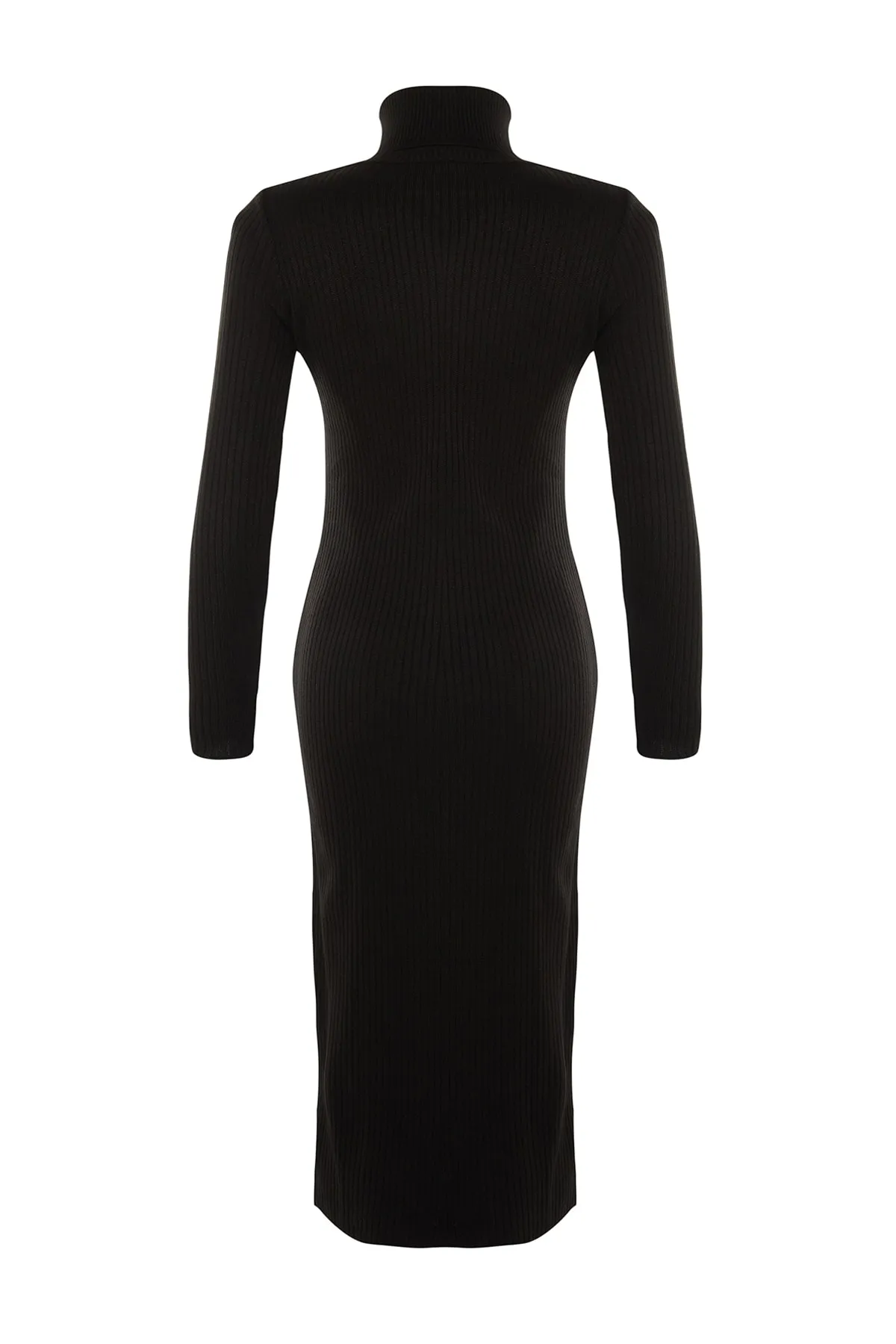 Trendyol Collection  Schwarzes Strickkleid mit Rollkragen und Schlitz und detailliertem Strickmuster TWOAW23EL00662