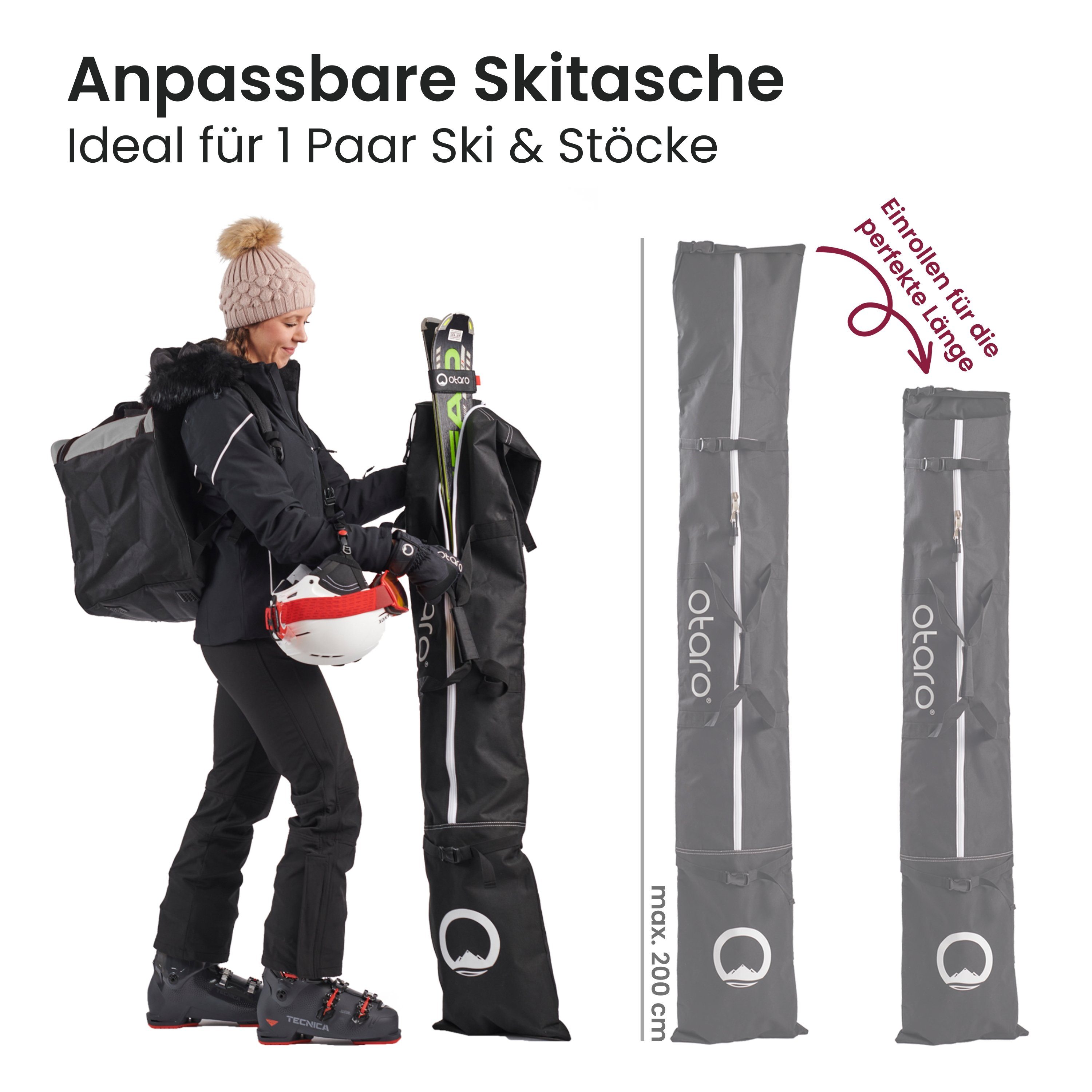 Otaro Skitasche Set: Skischuhtasche mit Helmfach & Skitasche, Classic-Set 1 Paar Ski (Schutz für deine Ausrüstung, Perfekt durchdacht, ausklappbare Standfläche, für 1 Paar Ski + Stöcke)
