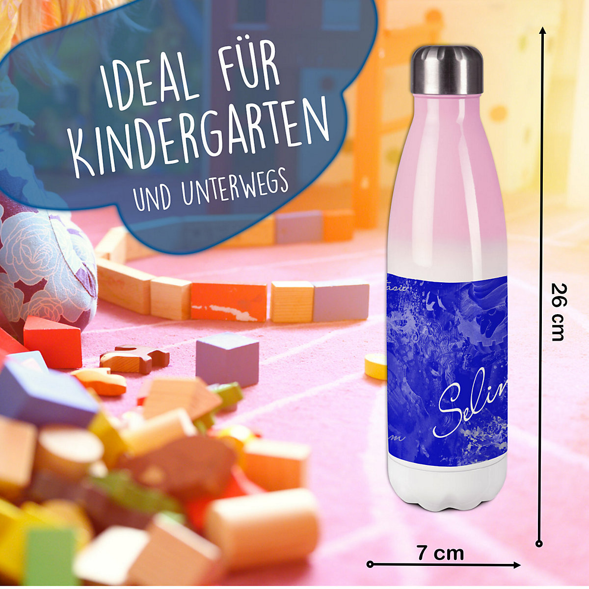 Edelstahl Kinder Thermoflasche / Trinkflasche bunt Traum Farbe blau Spülmaschinenfest, Auslaufsicher, Bruchfest, Doppelwandig, Für Heißgetränke geeignet, Mit Deckel, Isoliert