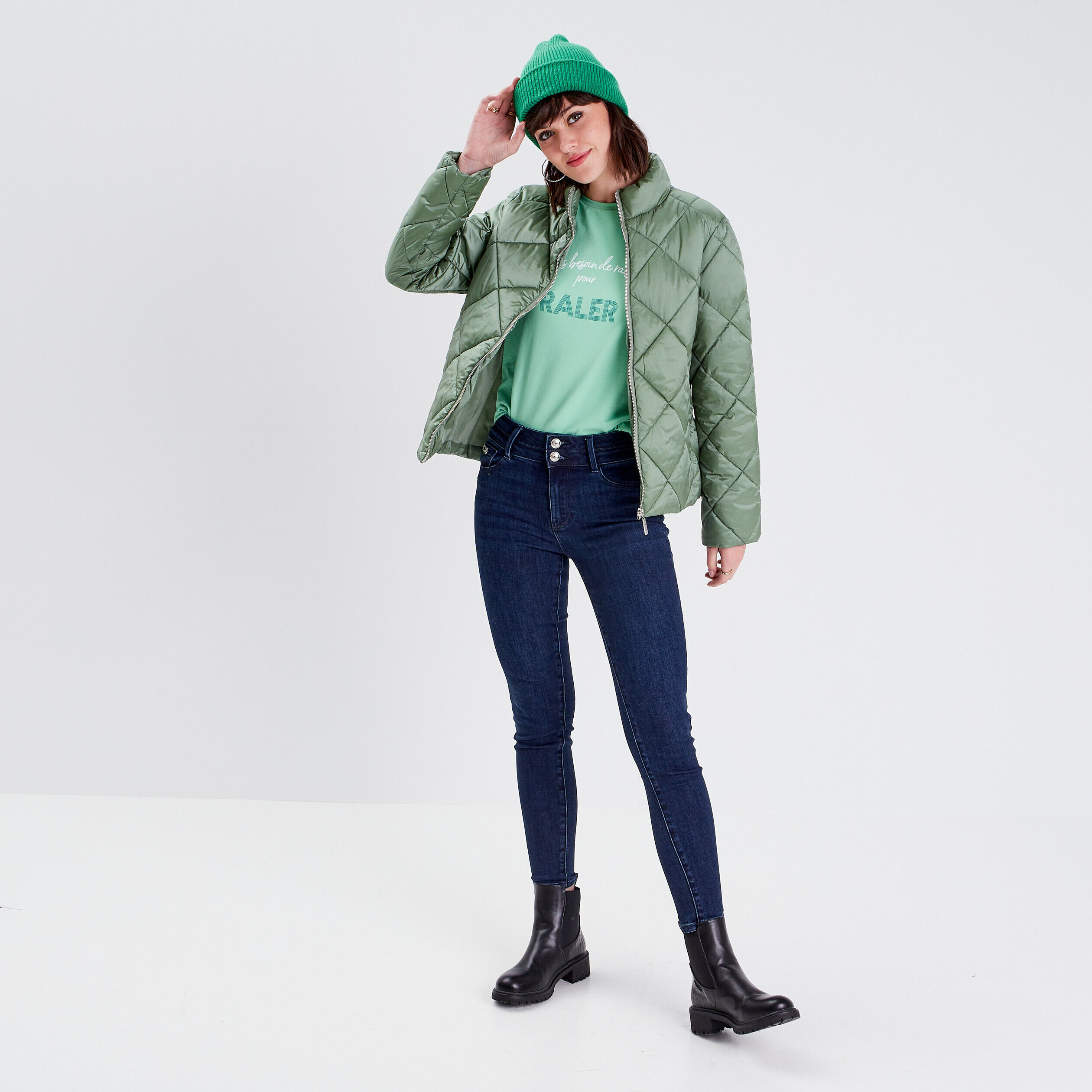 Doudoune droite zippée vert foncé femme | Cache Cache