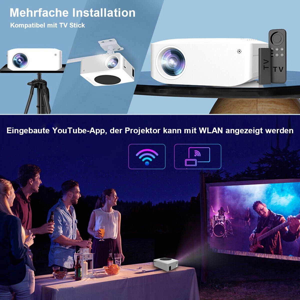 Yoyaxi 8000LM WLAN-Projektor, kabellos, Heimkino, Kino, Film, USB, HDMI, AV Portabler Projektor (Kabelloser 200-Zoll-Großbildschirm, 8000 LM hohe Helligkeit)