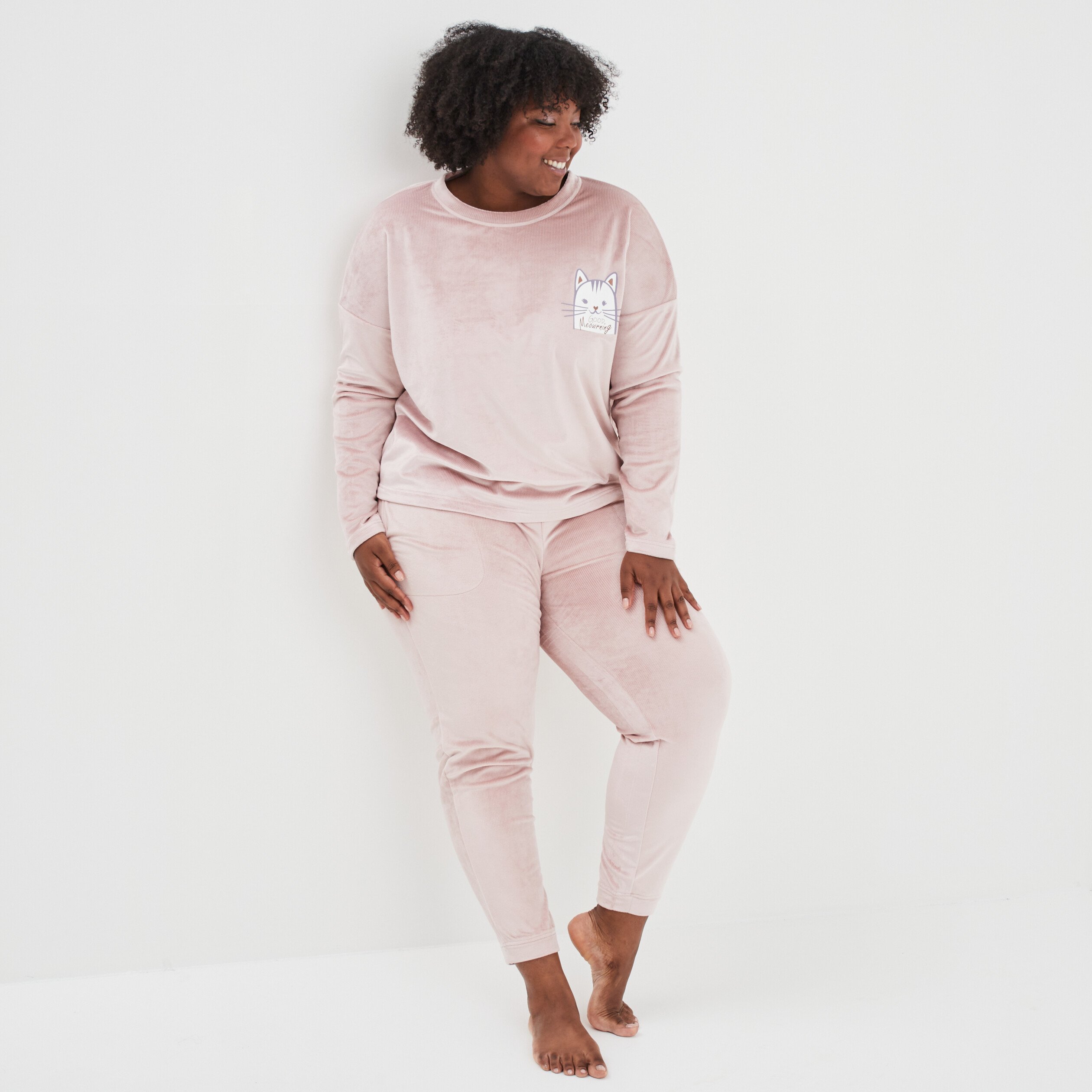 Ensemble pyjama pantalon velours côtelé rose pastel femme grande taille | La Halle