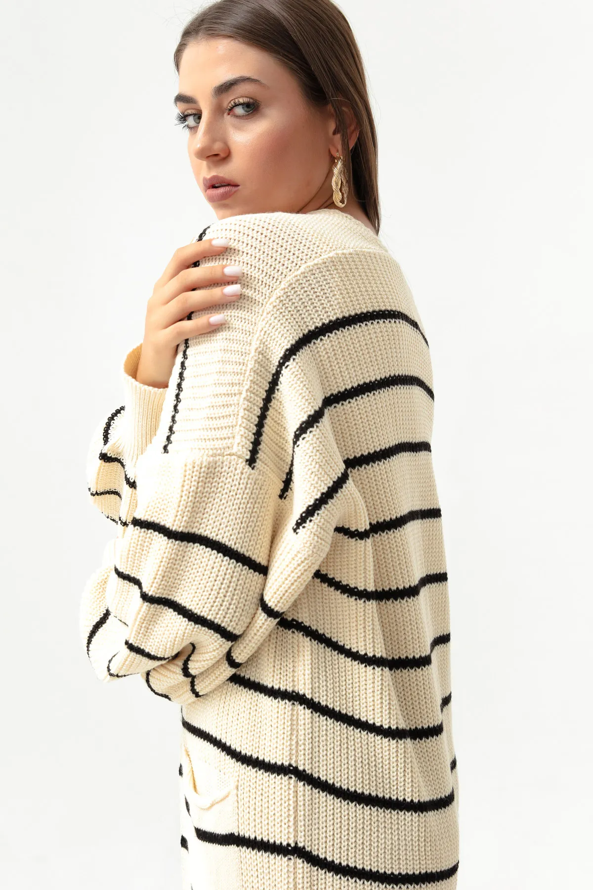 Lafaba  Langer Strick-Cardigan für Damen in Ecru mit Ballonärmeln