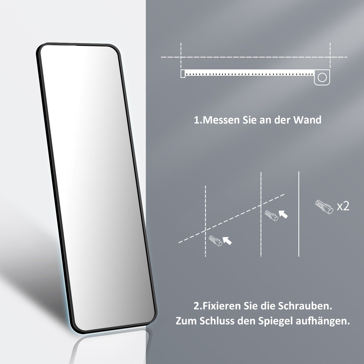 Boromal Standspiegel Spiegel groß Schwarz Wandspiegel Ganzkörperspiegel Flurspiegel (Hochspiegel Arched Rechteckig Eckig, 160x40,150x50,140x40cm), 2 Montagemöglichkeiten