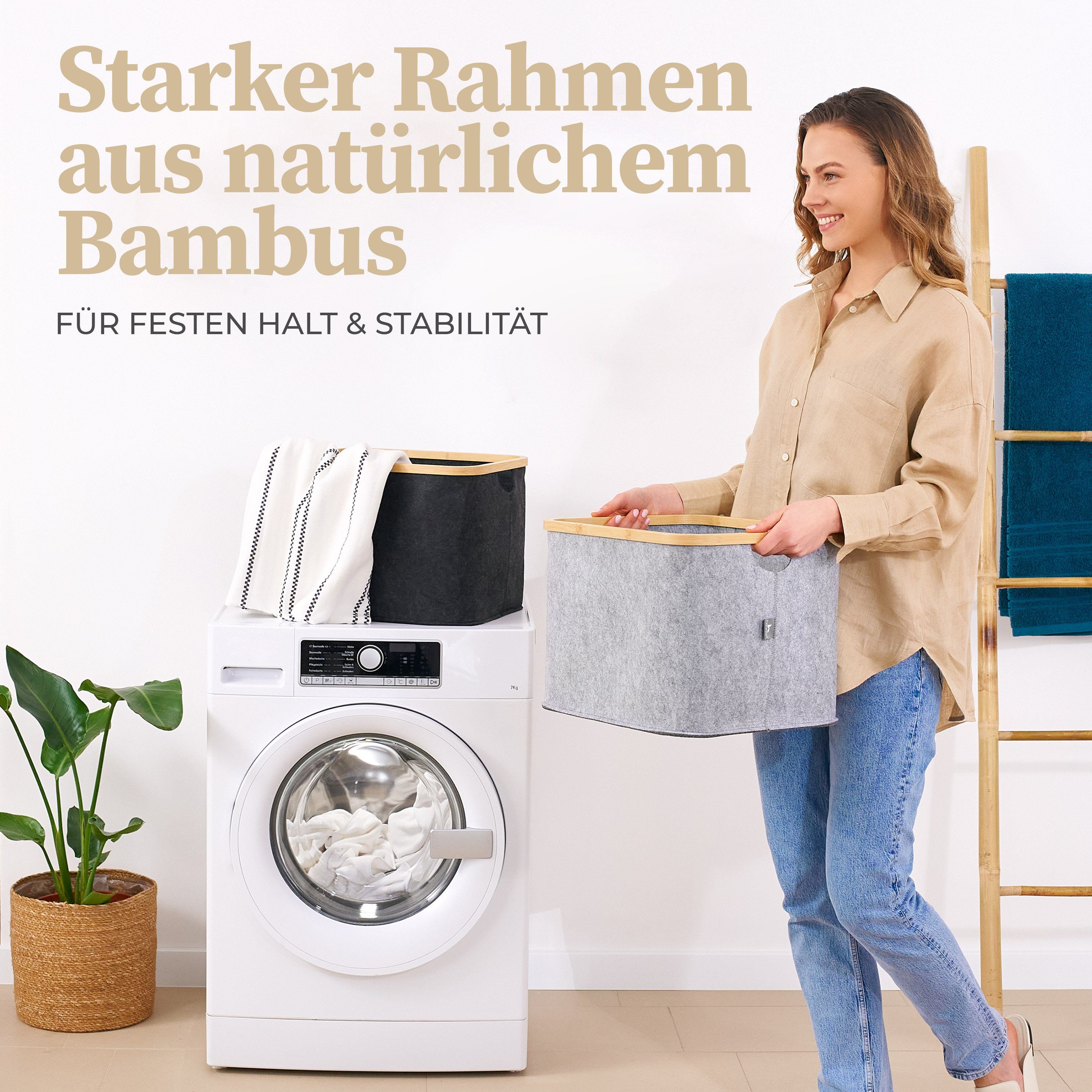 HENNEZ Wäschekorb, Aufbewahrungskorb 40l Körbe Grau kompatibel IKEA KALLAX Regal, Korb zur Holz Aufbewahrung Bambus