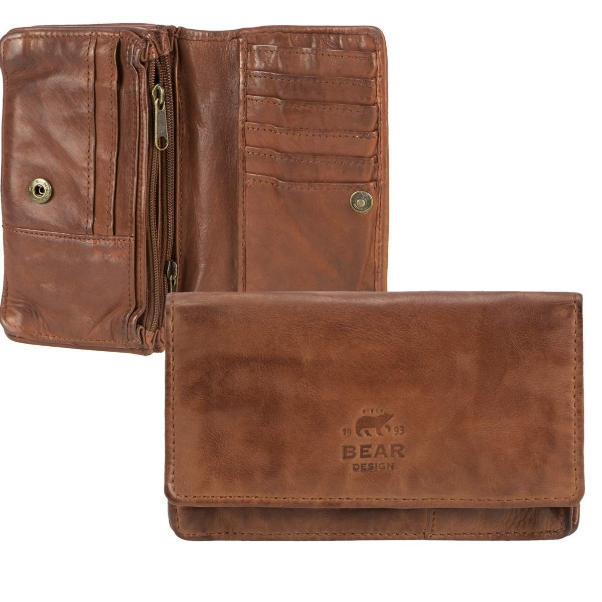 Bear Design Geldbörse Emma, Damenbörse, Portemonnaie, Leder cognac braun, 14 Kartenfächer, 15x9cm
