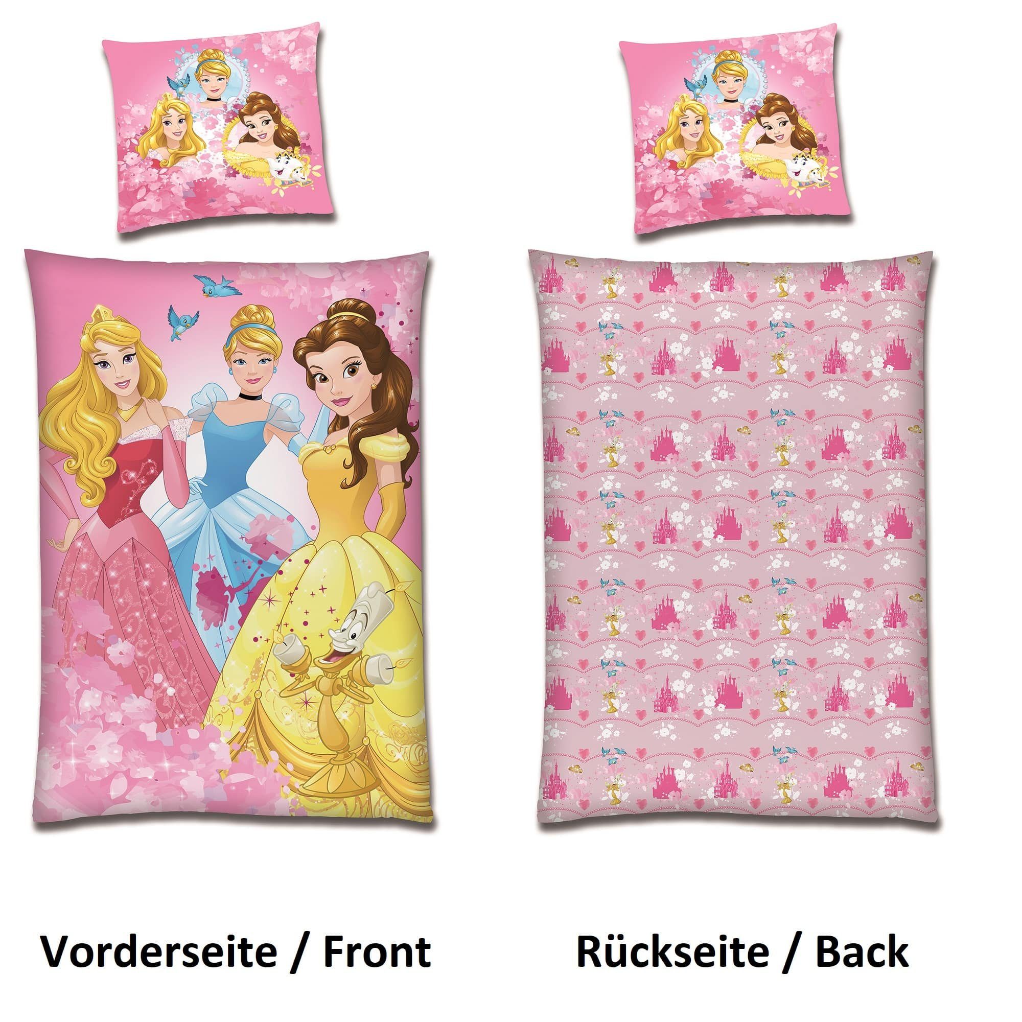 Kinderbettwäsche  Prinzessinnen 135x200 80x80 cm, extra flauschig, Familando, Microfaser-Fleece, 2 teilig, mit Dornröschen, Cinderella und Belle