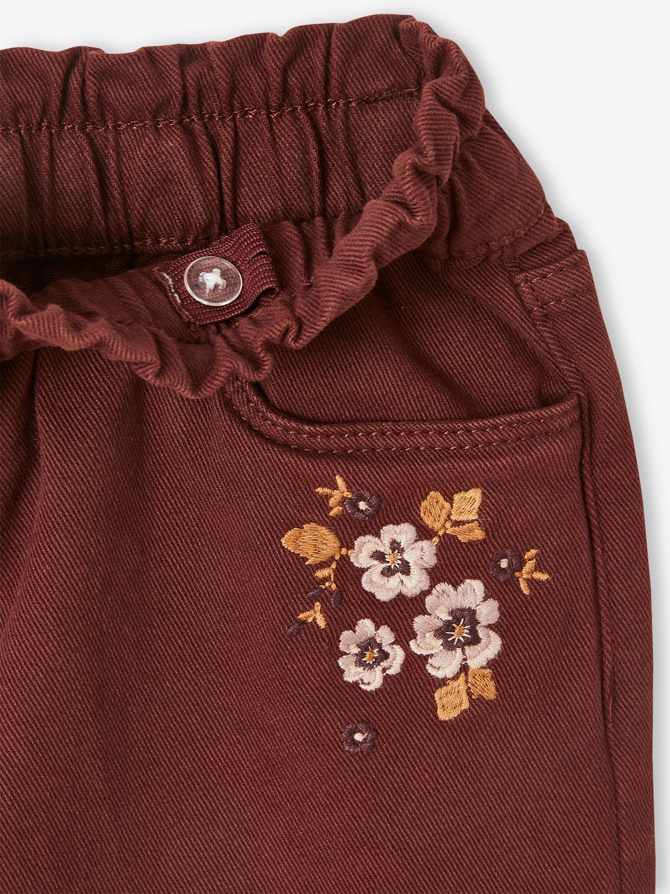 Jupe paperbag brodée fleurs fille prune