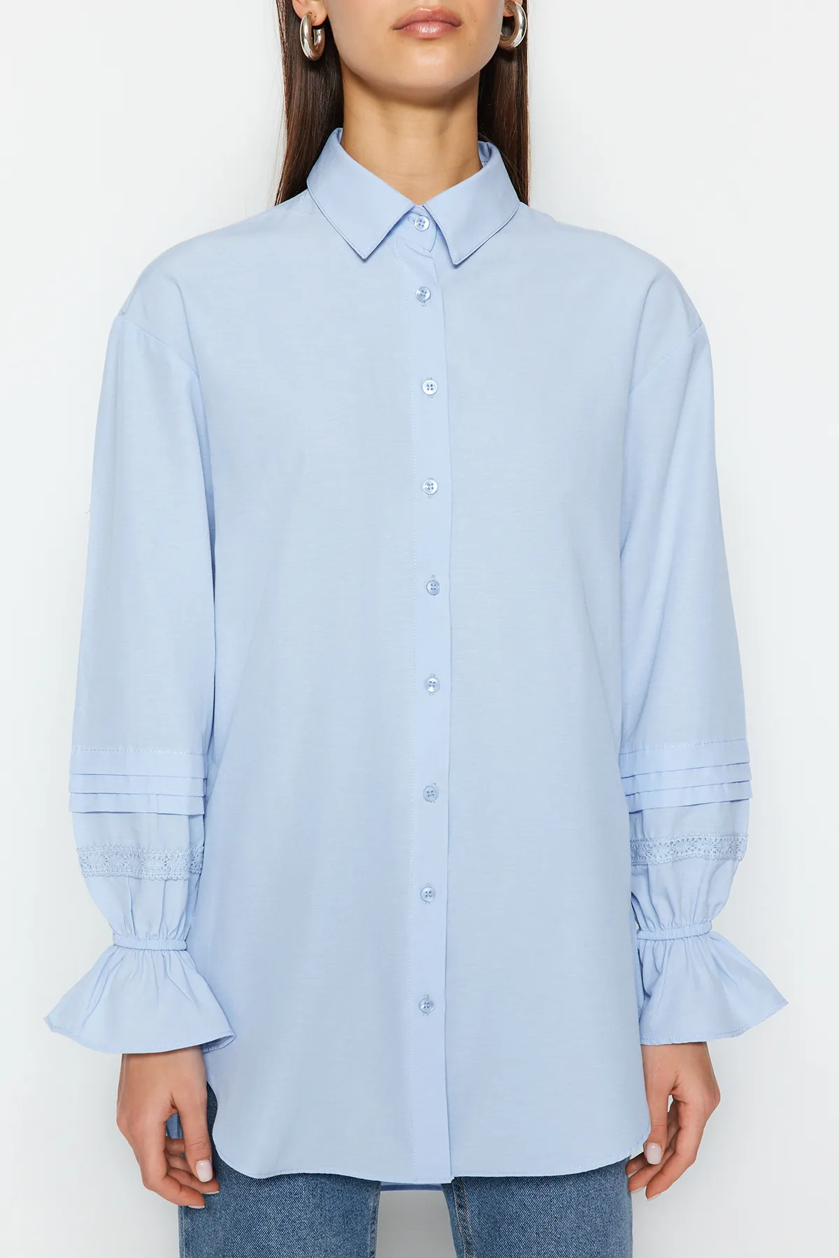 Trendyol Modest  Hellblaue Spitze/Mesh/Mesh, reguläre Terrycotton-Leinwandbindung TCTSS23TG00033