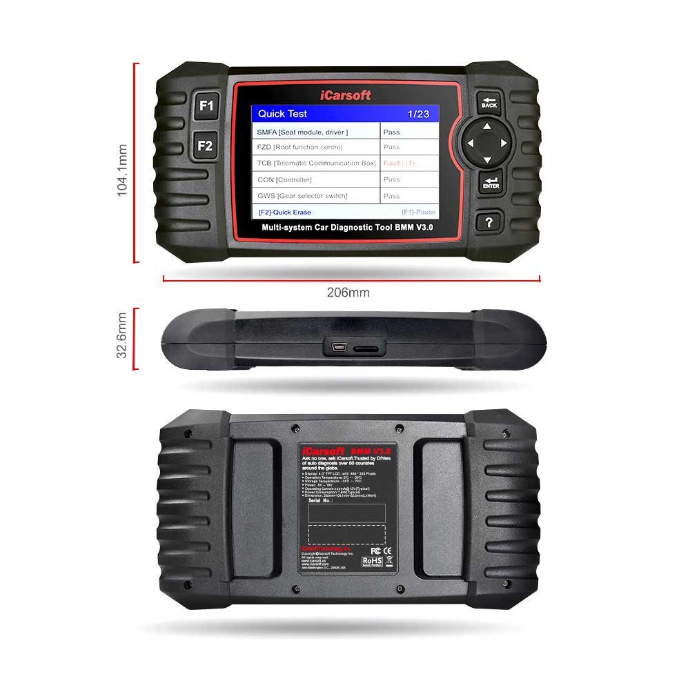 iCarsoft OBD2-Diagnosegerät BMM V3.0 - Profi Diagnosegerät für BMW / MINI / Rolls Royce OBD-2, 10,16 cm (4 Zoll) TFT- Farbbildschirm