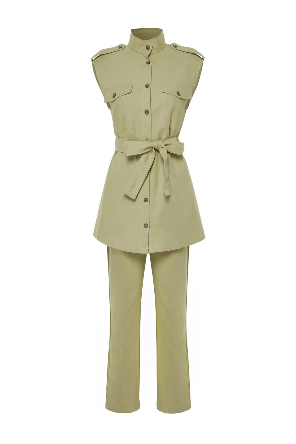 Trendyol Modest  Khakifarbenes Set mit Safari-Gabardine-Weste, Hose, Oberteil und Unterteil und Taschendetails TCTSS24US00034