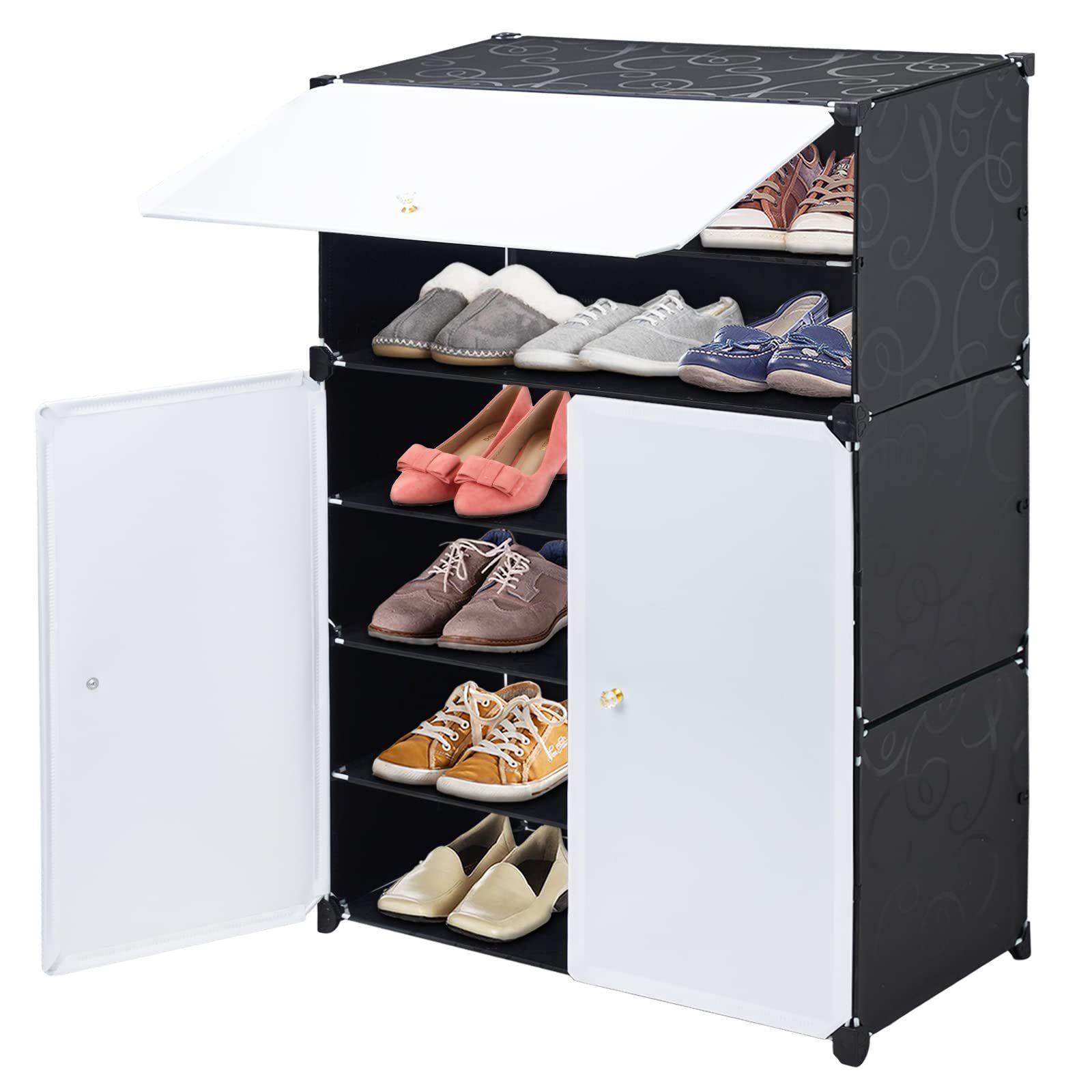Wenta Schuhregal Modularer Schuhschrank schwarz 6-Ebenen, Doppeltüriger Schuhregal Hoch, 61x31x93cm, Platz für 18-30 Paar Schuhe
