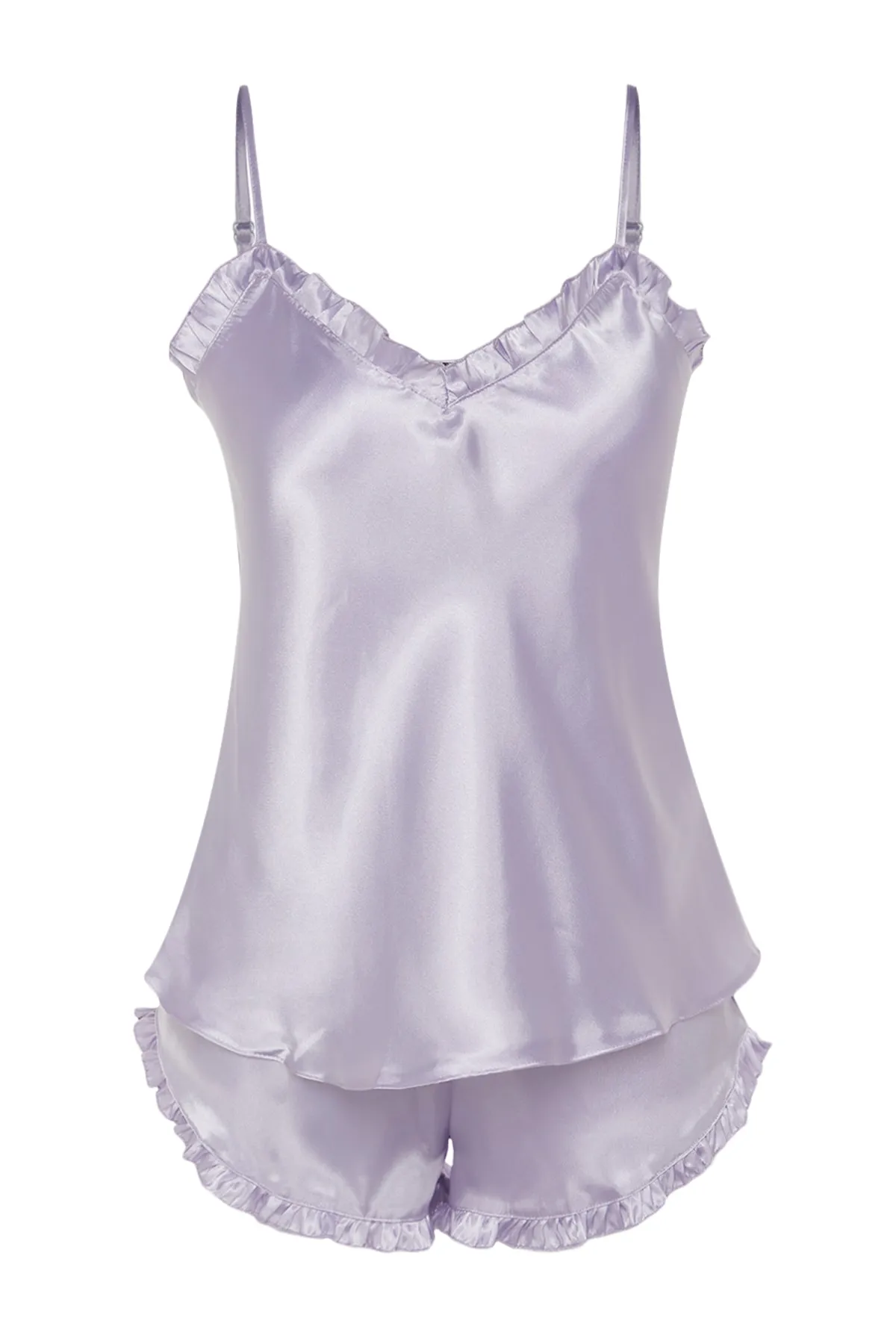Trendyol Collection  Lila Pyjama-Set aus gewebtem Satin mit Rüschen und Seilträgern THMSS22PT0274