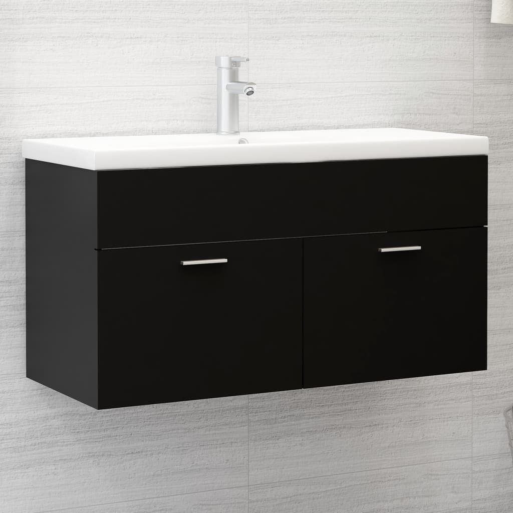 vidaXL Badezimmerspiegelschrank Waschbeckenunterschrank mit Einbaubecken Schwarz Holzwerkstoff (1-St)