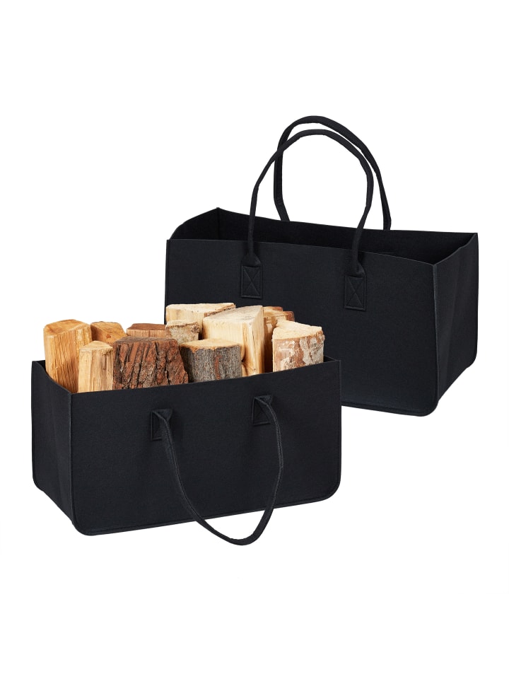 relaxdays 2 x Kaminholztasche in Schwarz - (B)50 x (H)25 x (T)25 cm günstig kaufen onesize