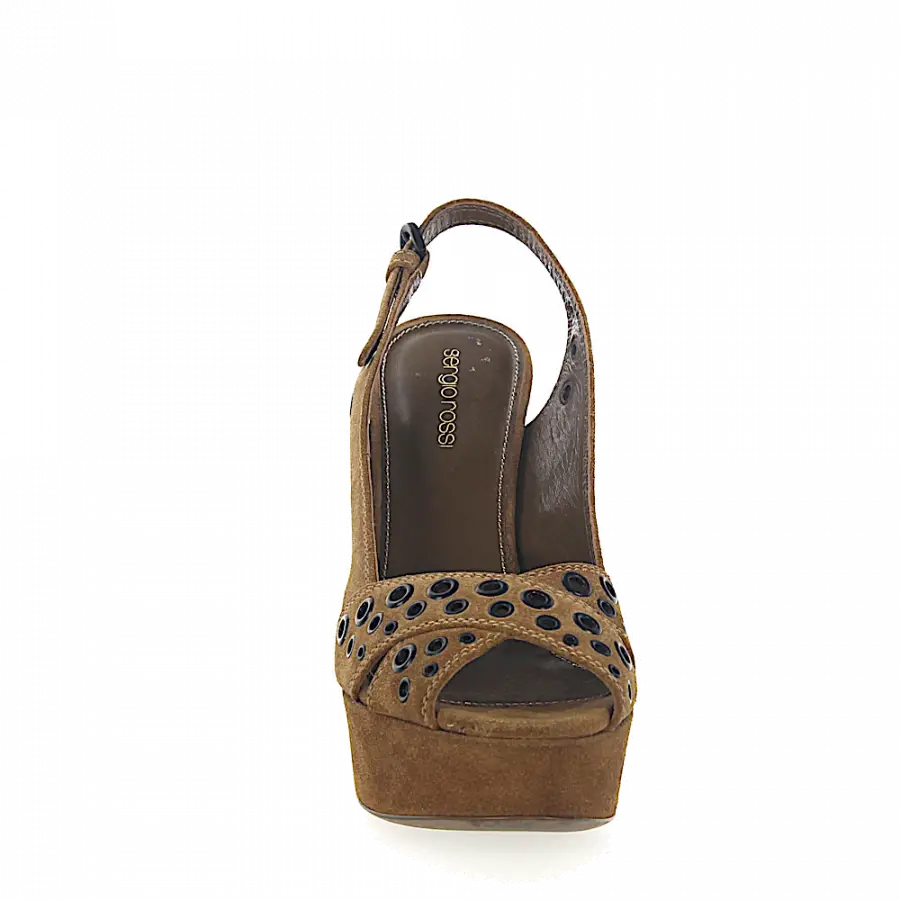 Sergio Rossi - Plateausandalen Veloursleder Lochmuster Metallösen braun - braun
