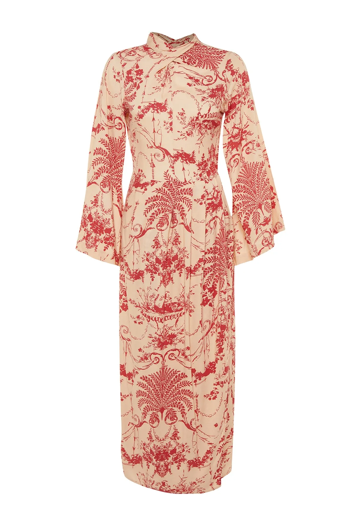 Trendyol Modest  Cremefarbenes Kleid aus Viskosegewebe mit weiten Ärmeln und gemustertem Kragen TCTSS23EB00234