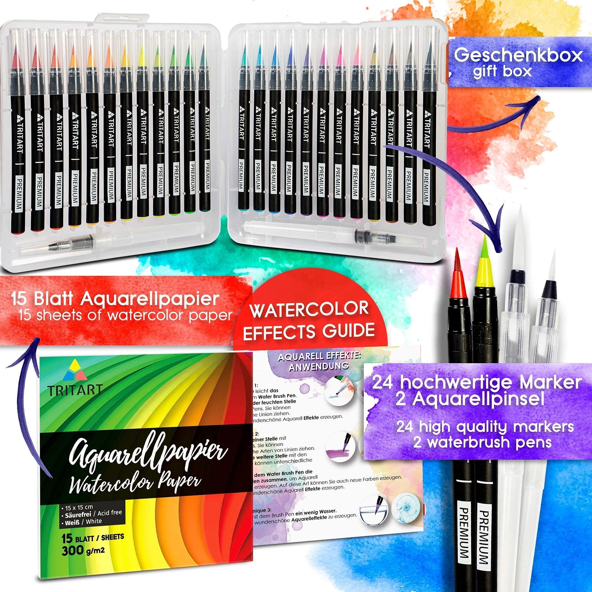 Tritart Pinselstift Pinselstift-Set - 24 Stifte, 2 Wasserpinsel, 15 Aquarellblätter, Brush Pens Set - 24 Pens, 2 Water Brushes, 15 Sheets
