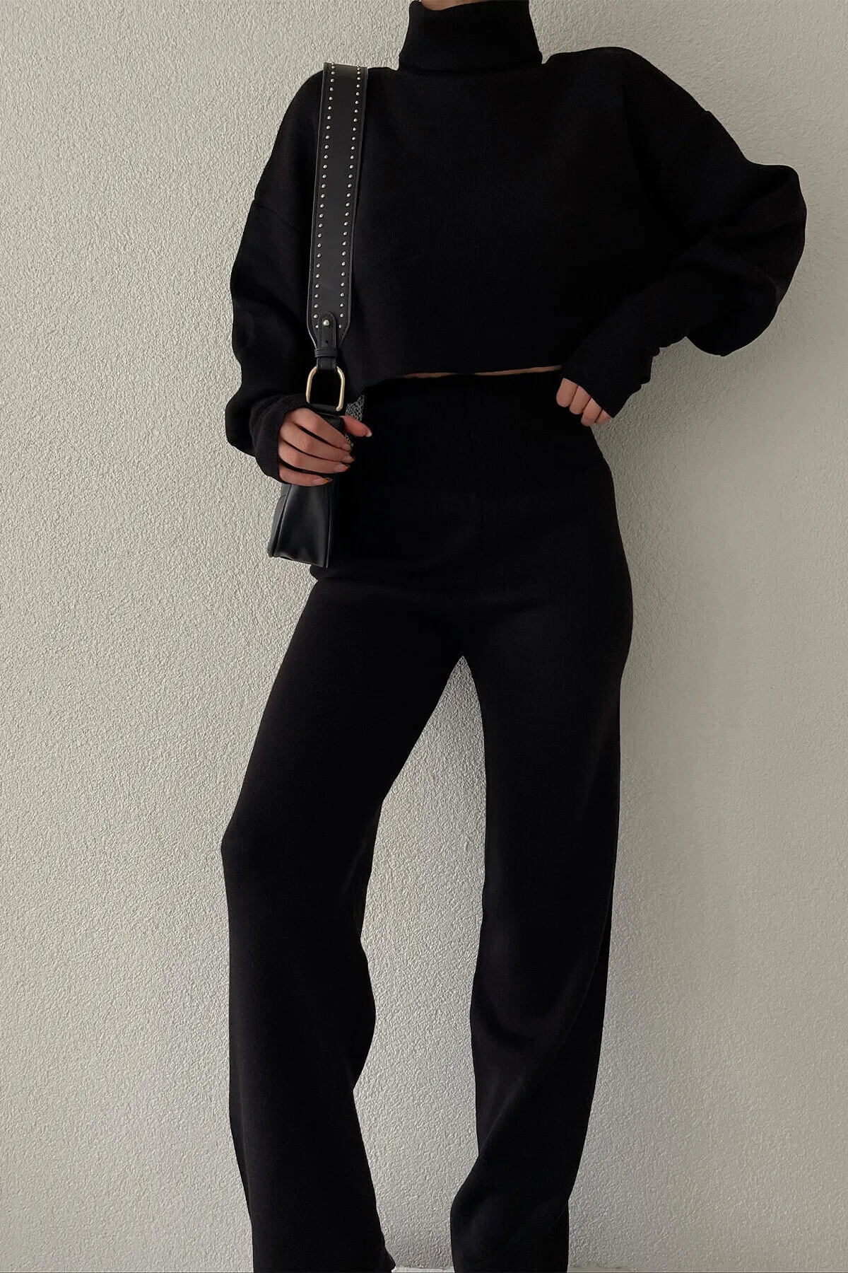 lovebox  Handgemachtes schwarzes Strick-Crop-Top und schwarze Strickhose mit hoher Taille, Doppelset 015