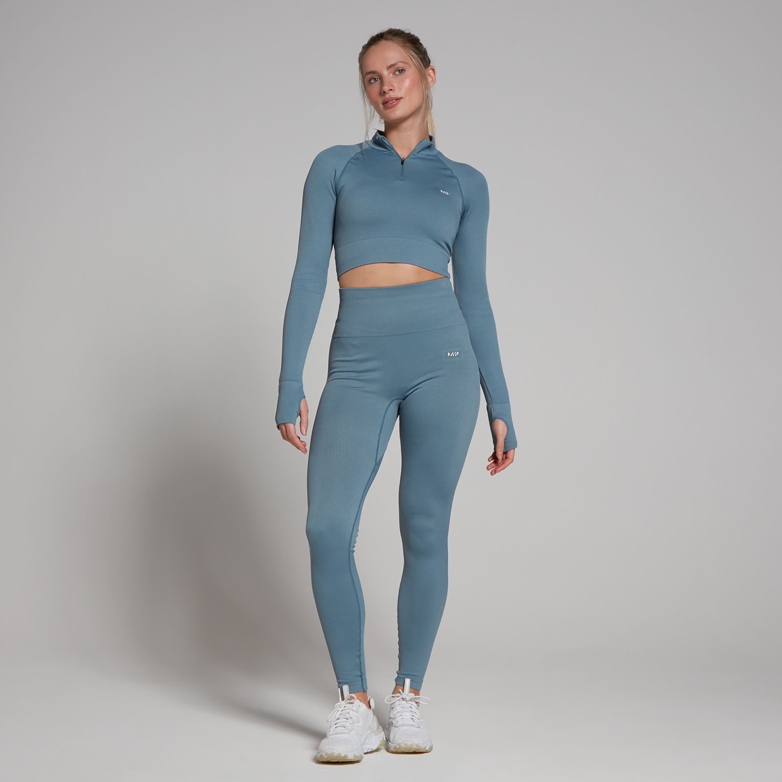 Crop top côtelé sans coutures à fermeture éclair ¼ MP Tempo pour femmes – Bleu gris