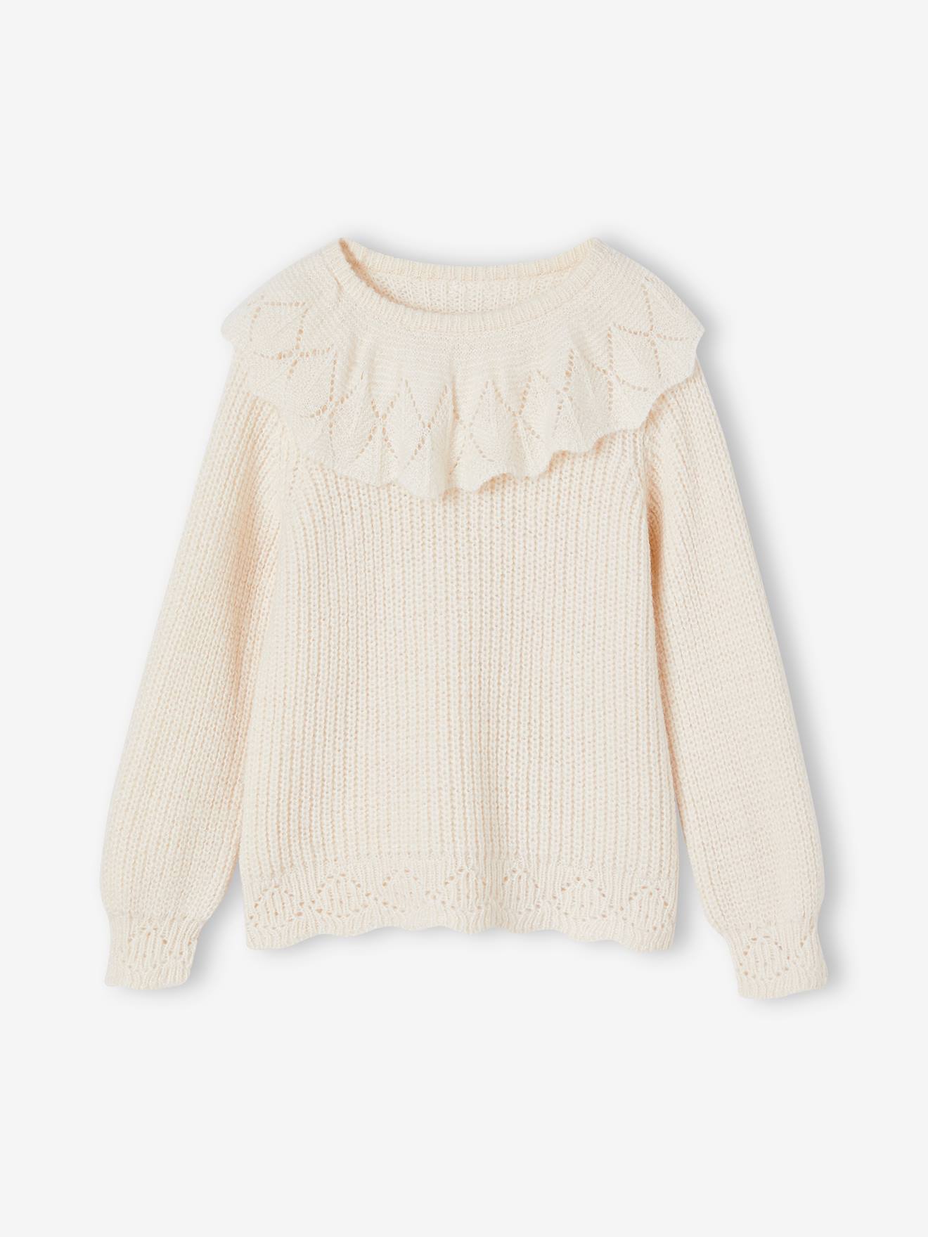 Pull fantaisie à collerette fille beige poudré