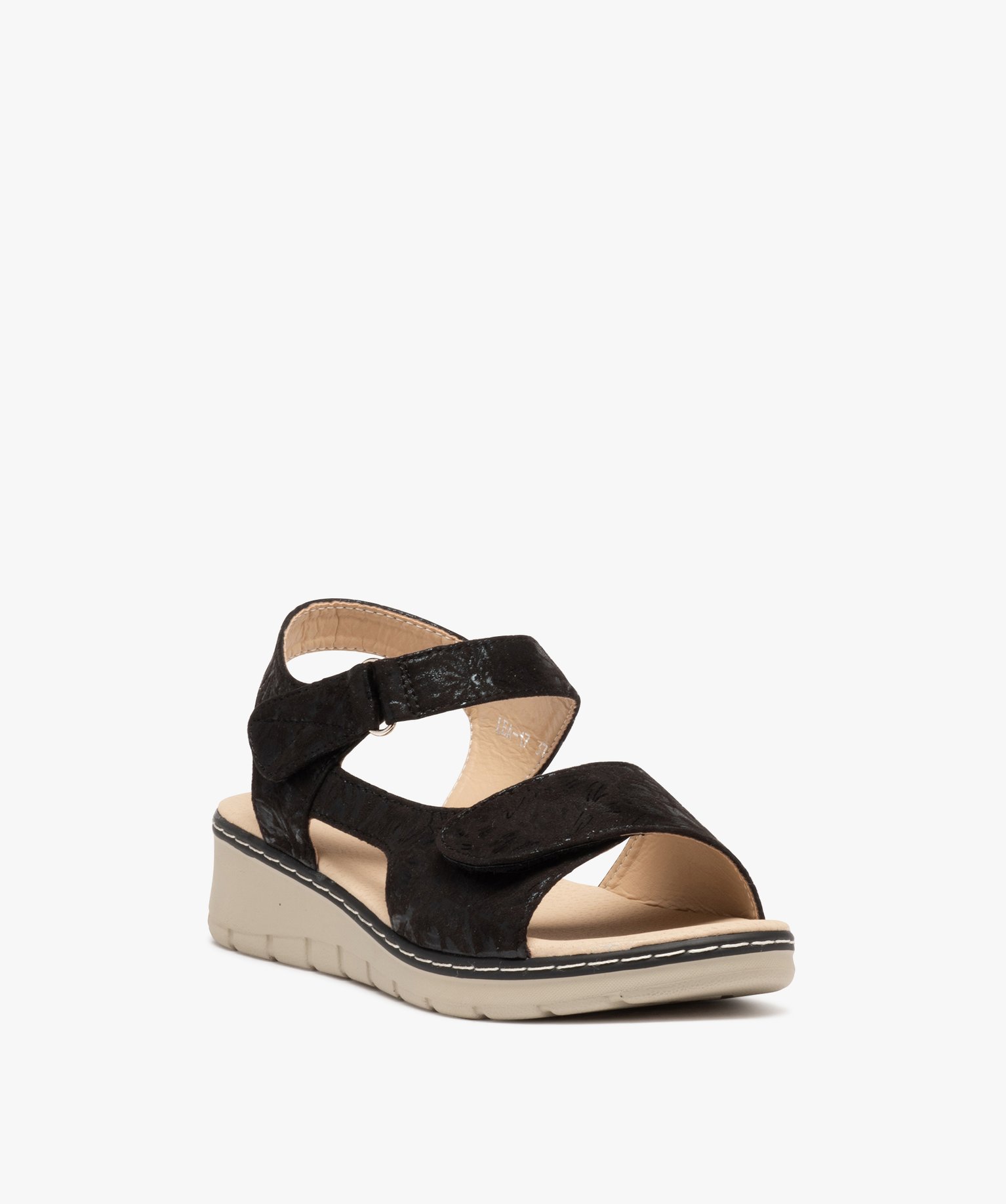 Sandales femme confort en tissu brillant et à scratch noir | GEMO
