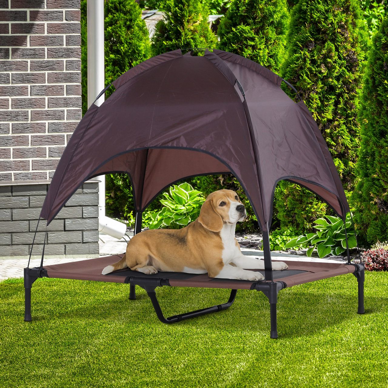 PawHut Haustierbett mit Baldachin Erhöhtes Hundebett Hundeliege outdoor Kaffee