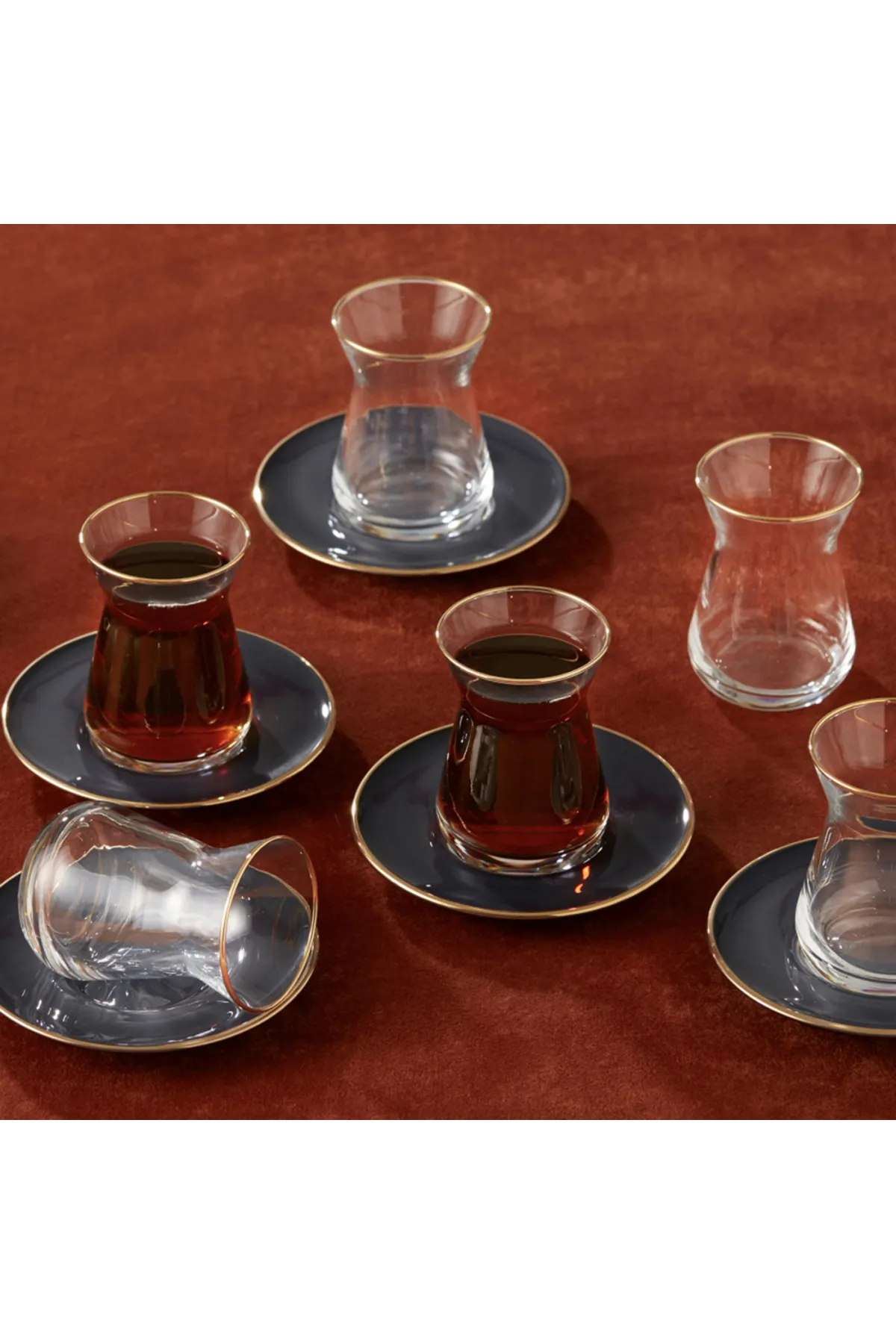 Karaca  Retro Anthrazit Teeset für 6 Personen Teeservice, Türkische Teegläser mit Untertasse, Cay Bar