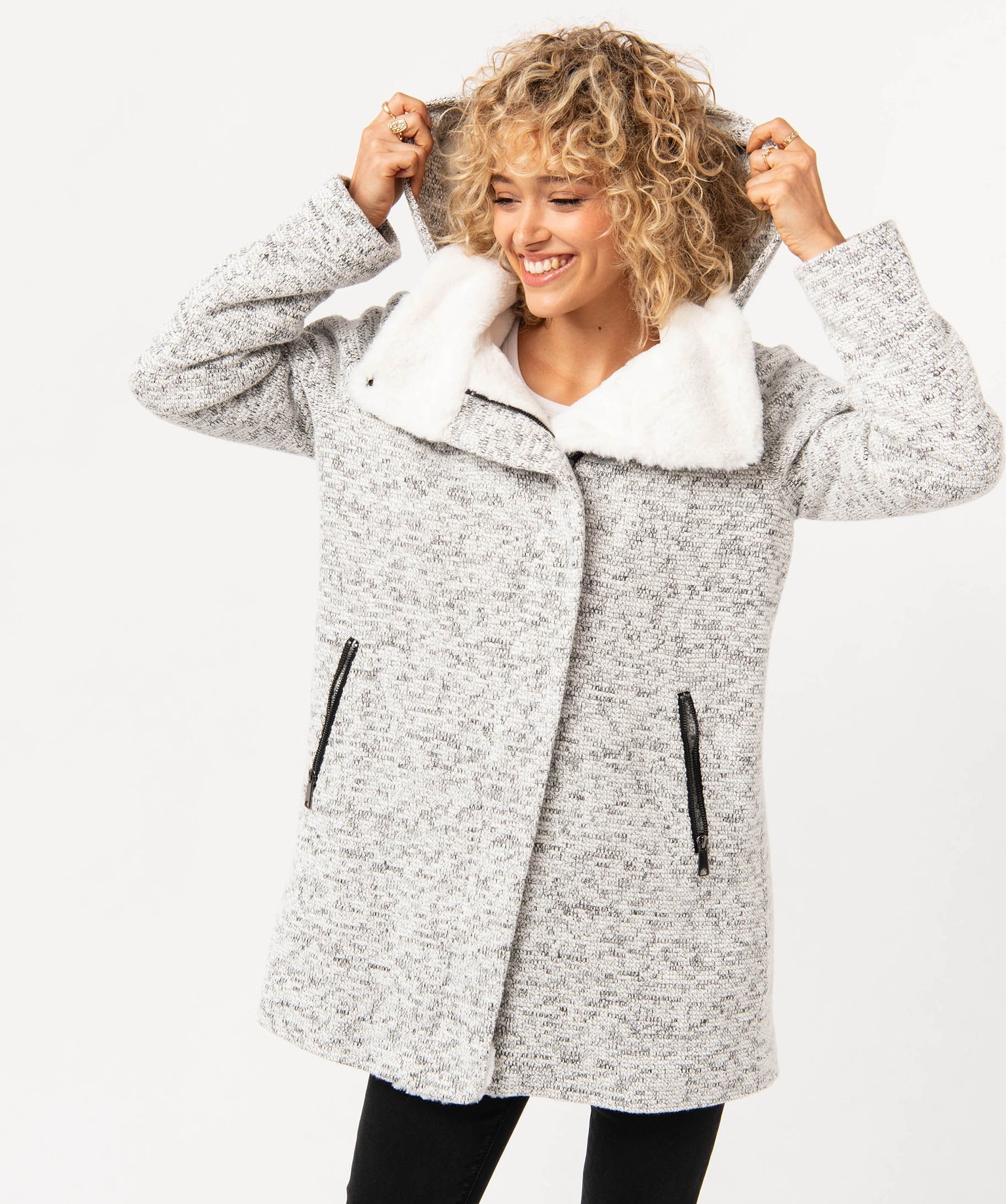 Manteau en maille avec col fourrure imitation femme gris | GEMO