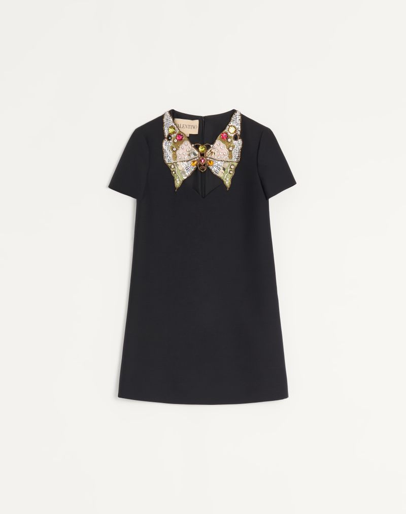 Vestido curto de crepe bordado de alta costura
