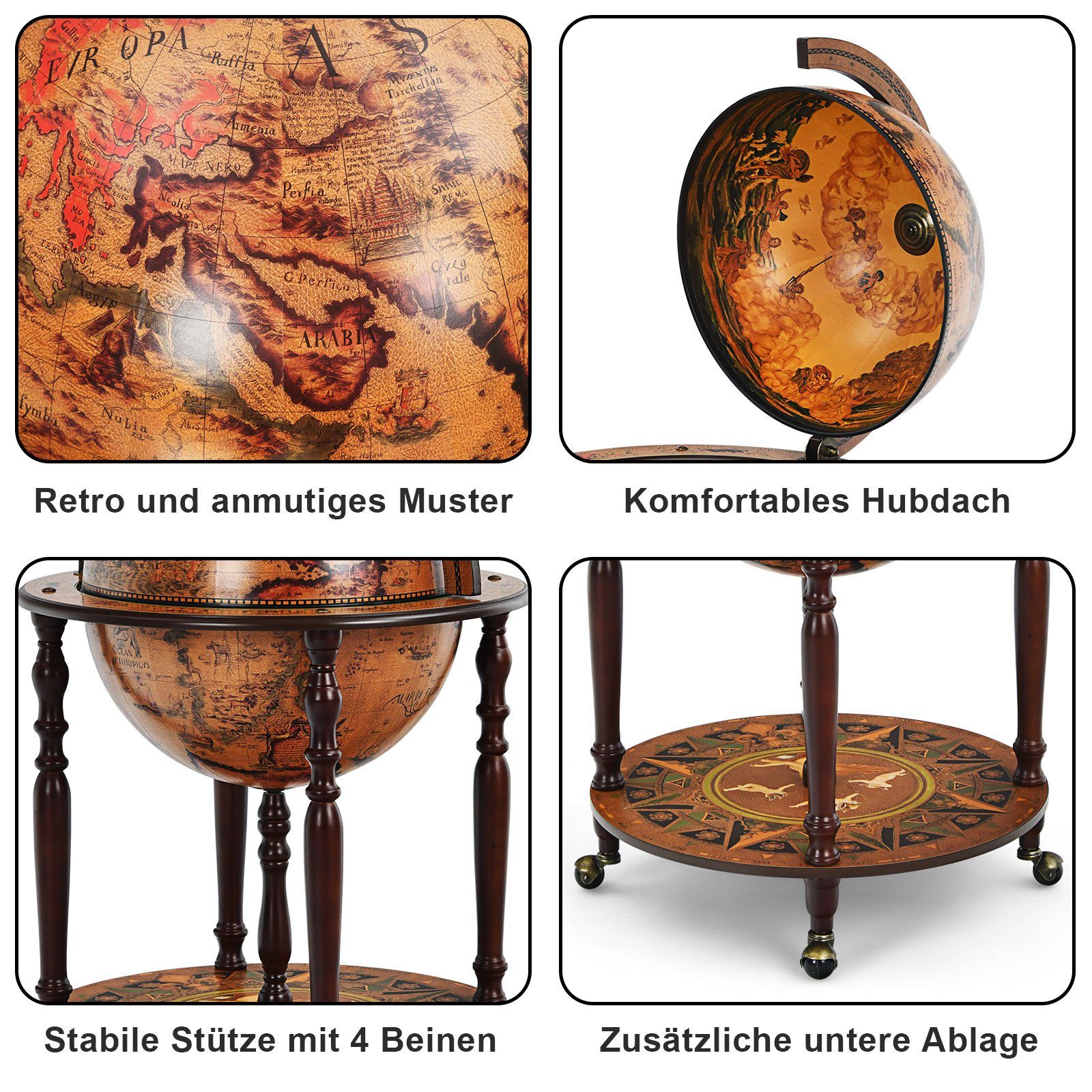 COSTWAY Weinregal Globusbar, Barschrank, mit Rollen & Deckel, für Flaschen