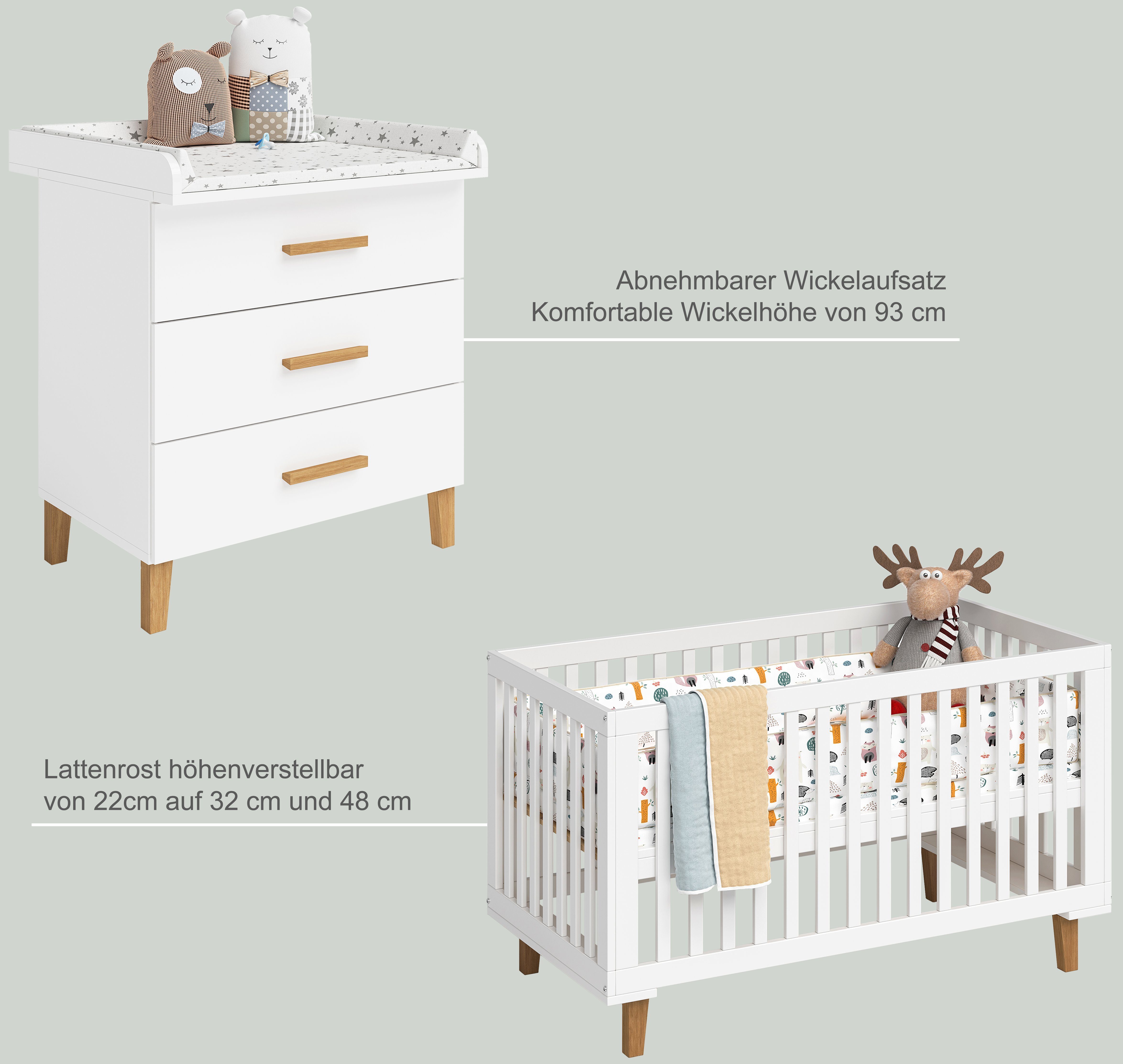 Bellabino Babymöbel-Set Liri, (2-St., Kinderbett, Wickelkommode), höhenverstellbares Babybett, abnehmbarer Wickelaufsatz