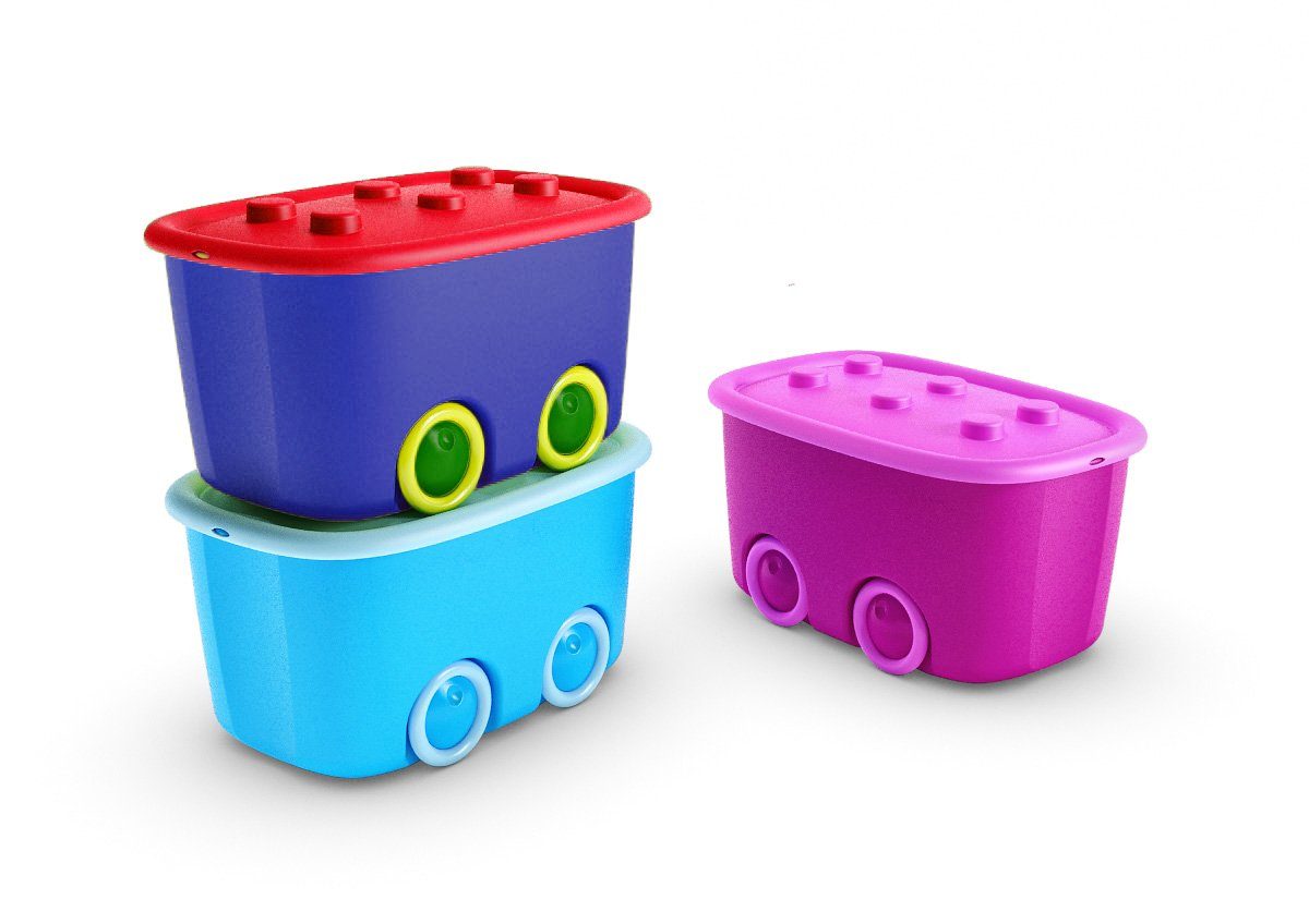 ONDIS24 Aufbewahrungsbox Spielzeugaufbewahrungsbox Spielzeugkiste Kinder Spielzeugbox Funny, mit großen Rädern und aufliegendem Deckel, 46 liter