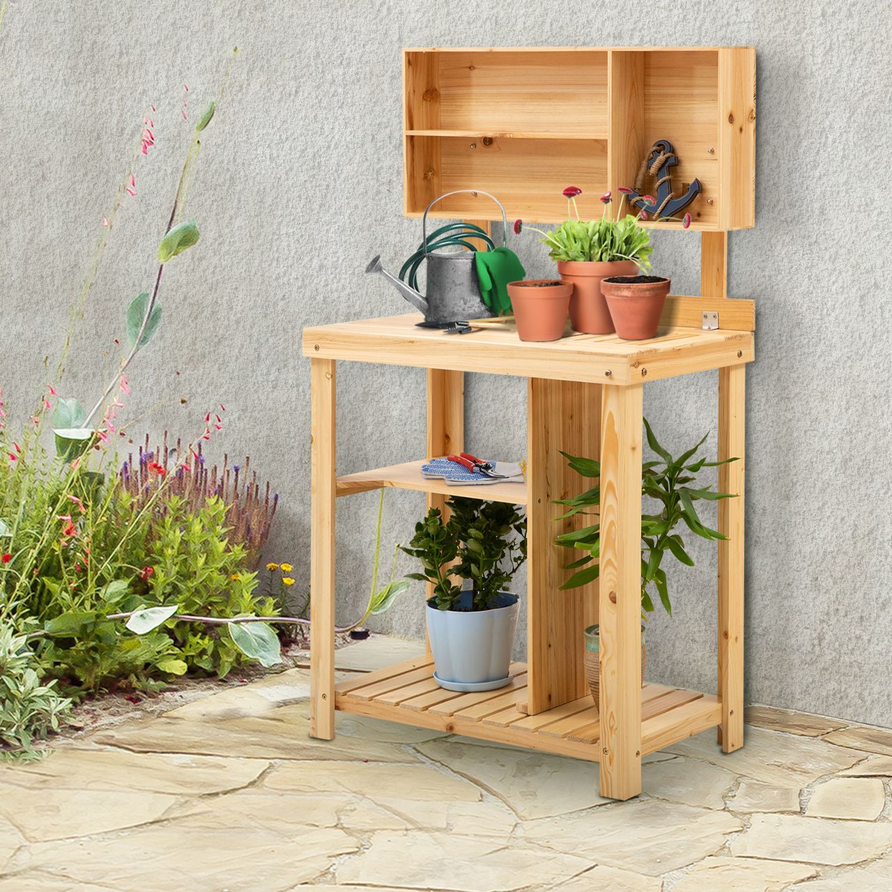 Outsunny Gartenarbeitstisch mit Ablage Natur 80 x 43 x 136,5 cm