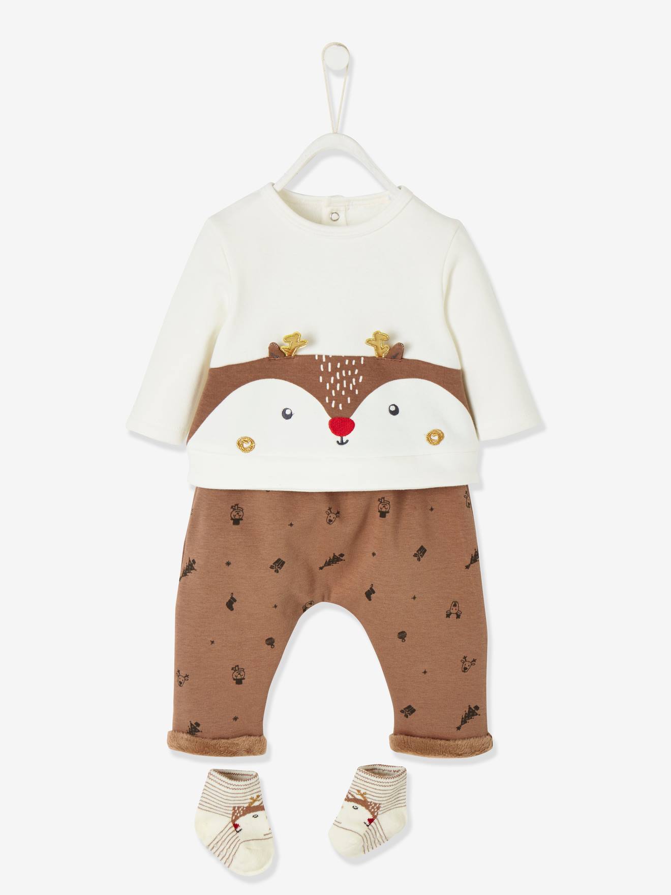 Ensemble de Noël bébé T-shirt + pantalon + chaussettes moka