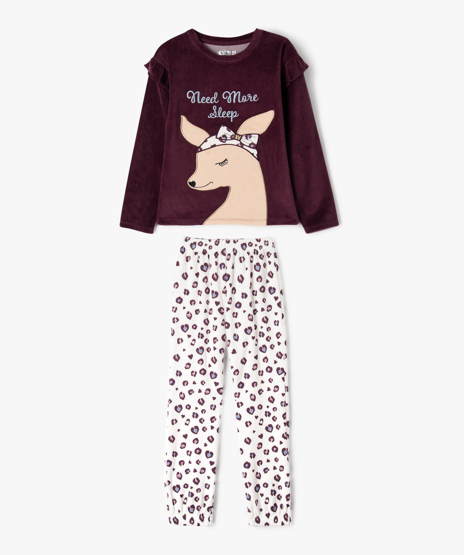 Pyjama en velours à motif biche avec petits volants fille violet fonce | GEMO