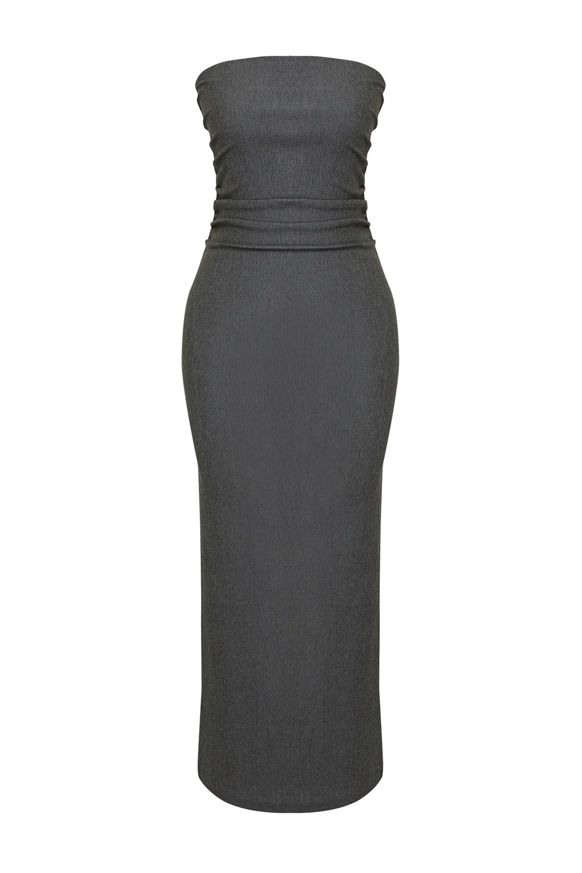 Trendyol Collection  Anthrazitfarbenes, trägerloses, gerafftes, tailliertes Midi-Bleistiftkleid aus flexiblem Strick TWOSS24EL00287