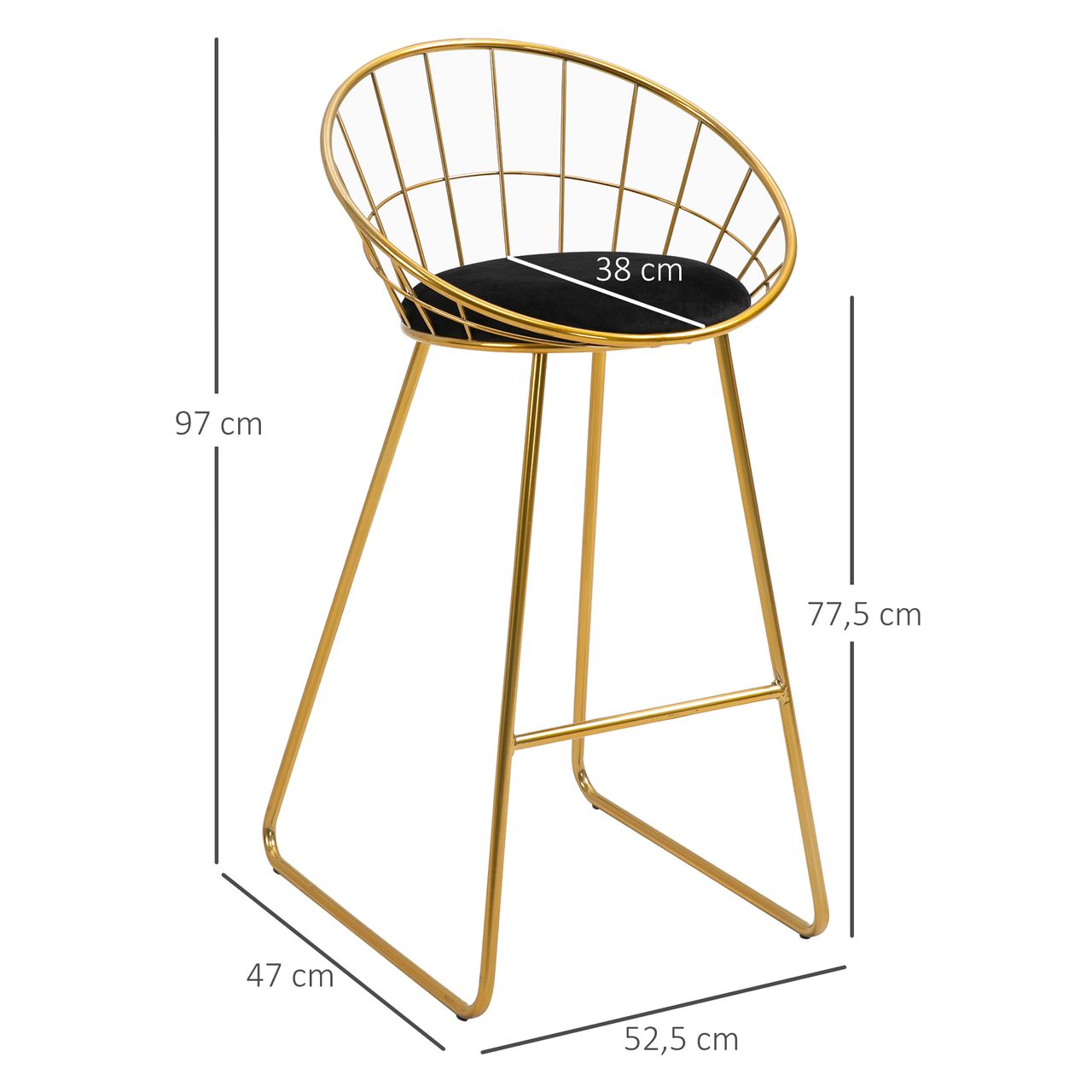 HOMCOM 2er-Set Barhocker mit Rückenlehne Bistrohocker Barstuhl Metall Gold