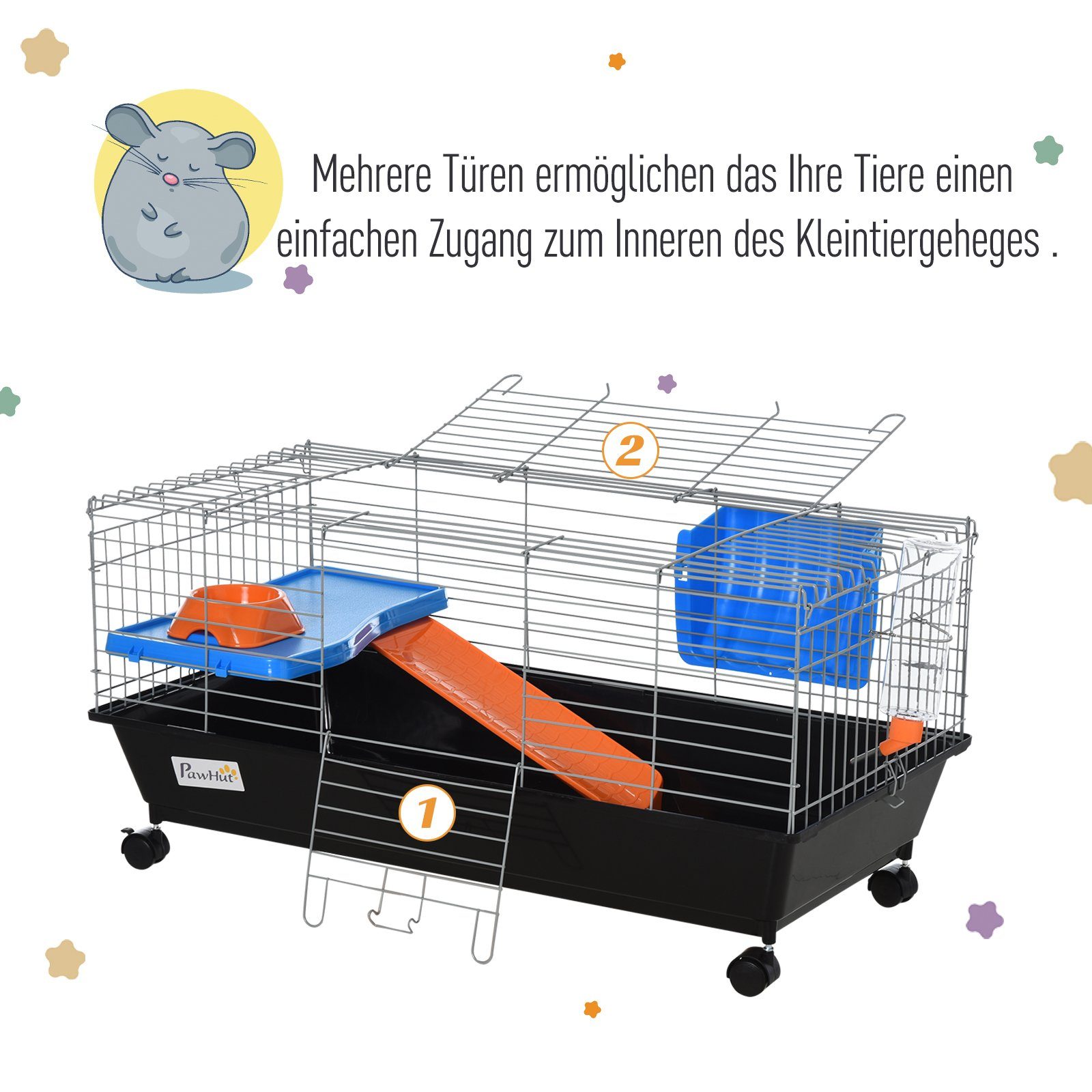 PawHut Kleintierkäfig Rollbarer Nagerkäfig mit Zubehör