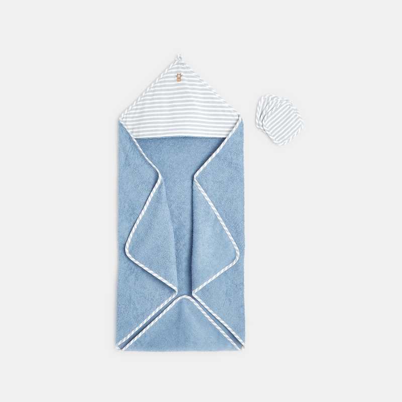 Ensemble cape de bain et carrés rayés bleue naissance